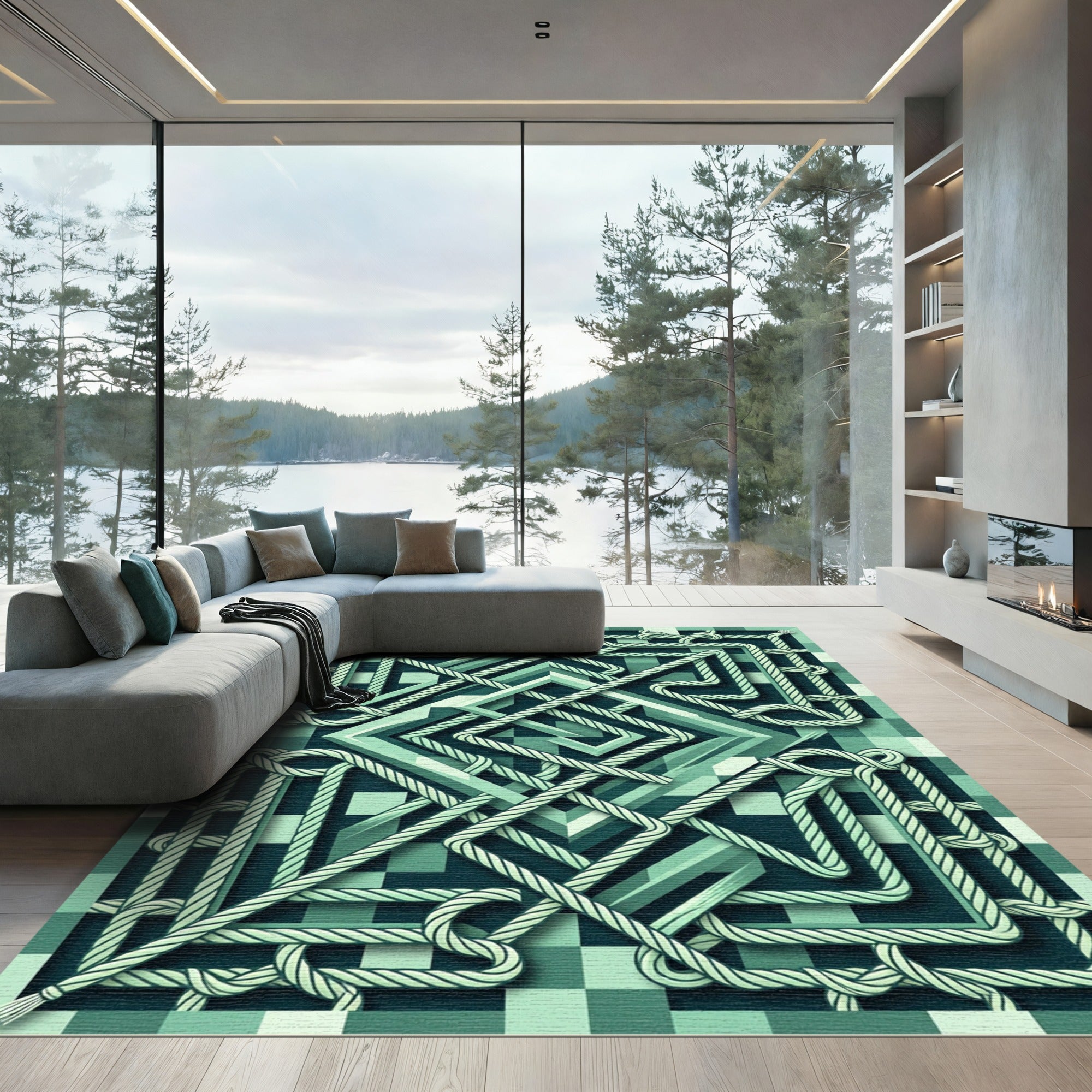 Geometric Sage Rope Knot Medallion Rug