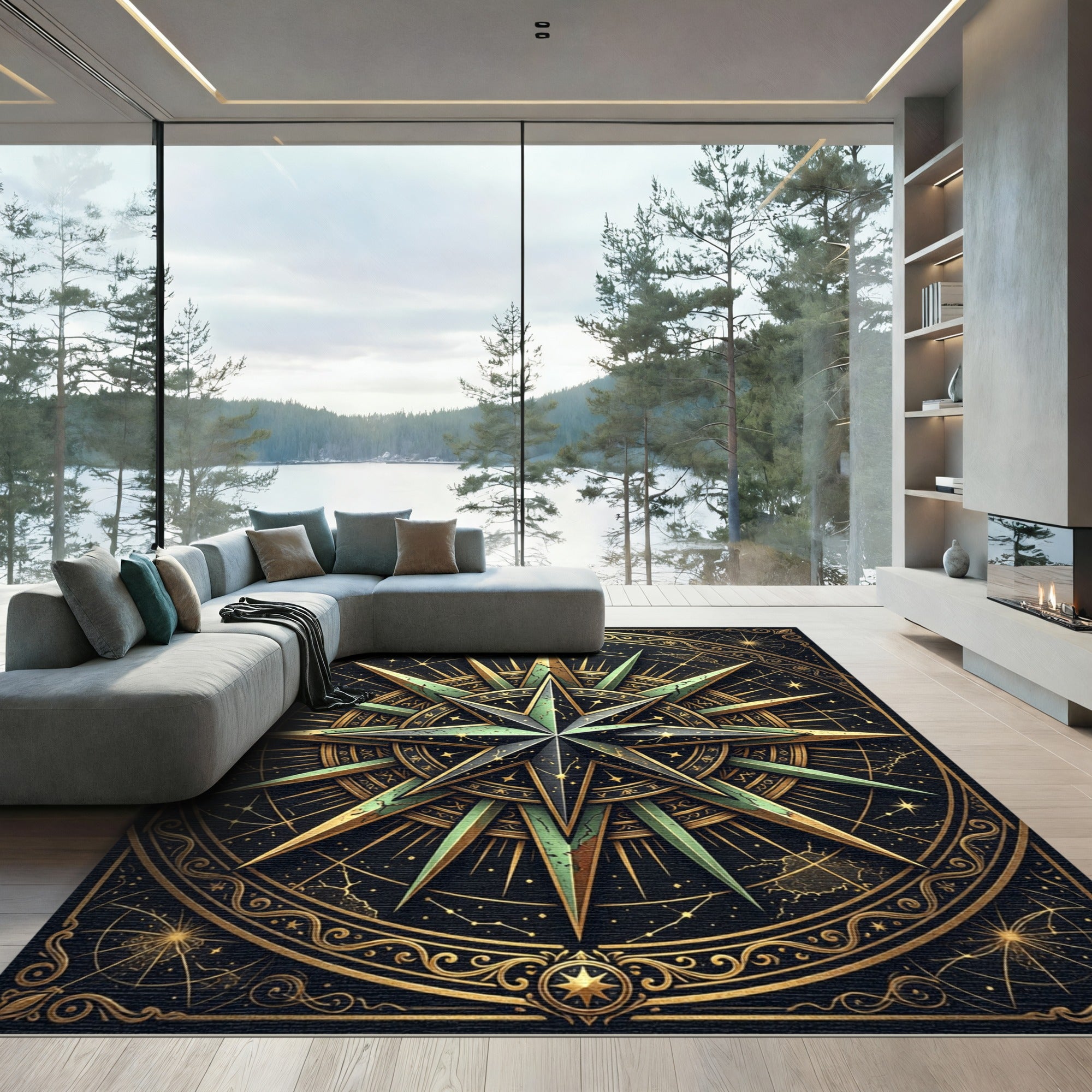 Gold Celestial Compass Navigational Star Rug