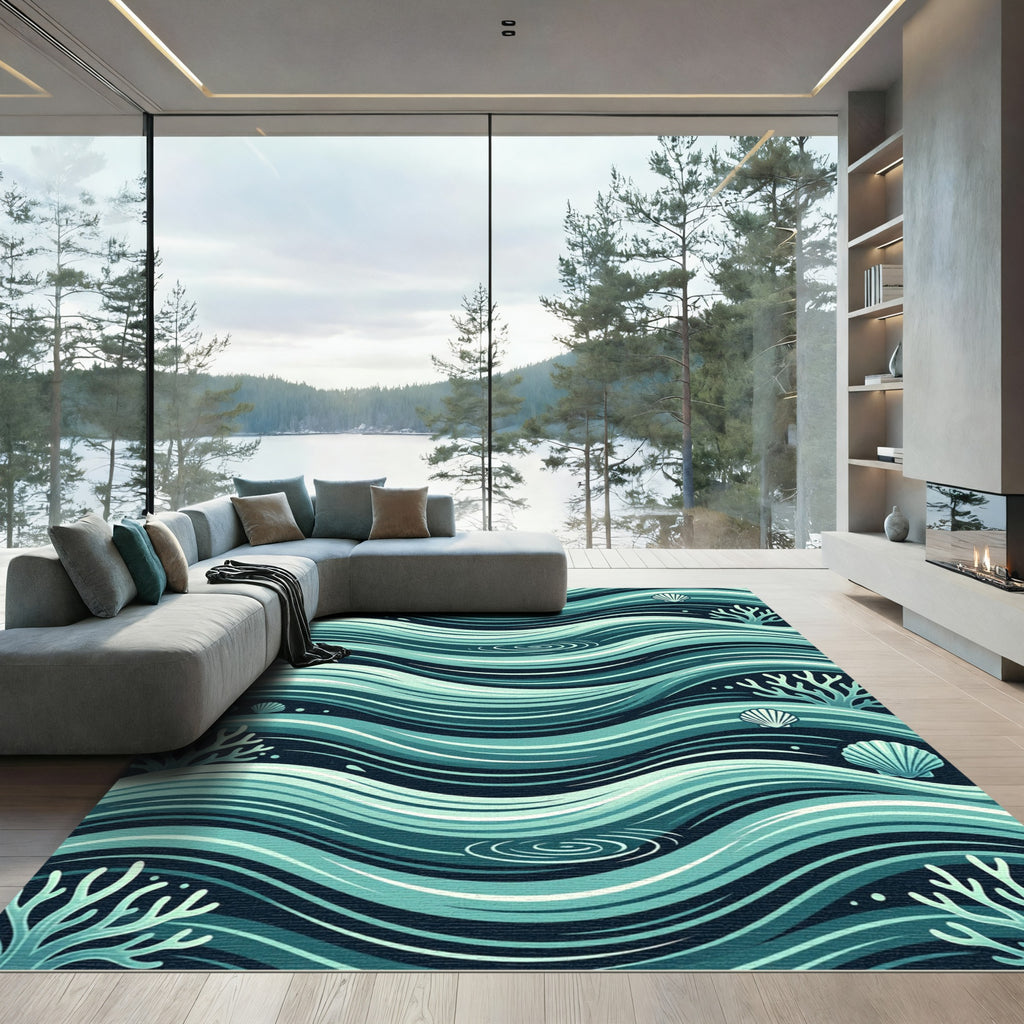 Oceanic Teal Swirl Coral Shell Waves Rug