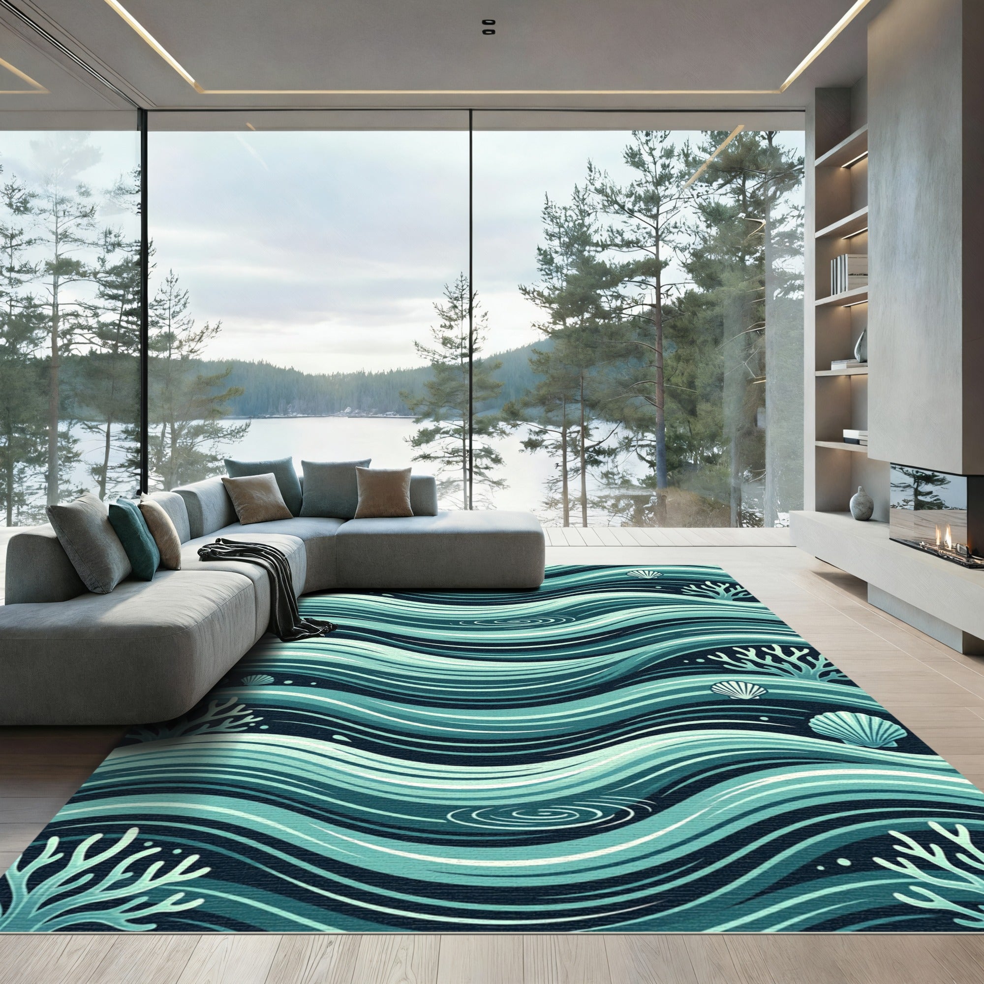 Oceanic Teal Swirl Coral Shell Waves Rug