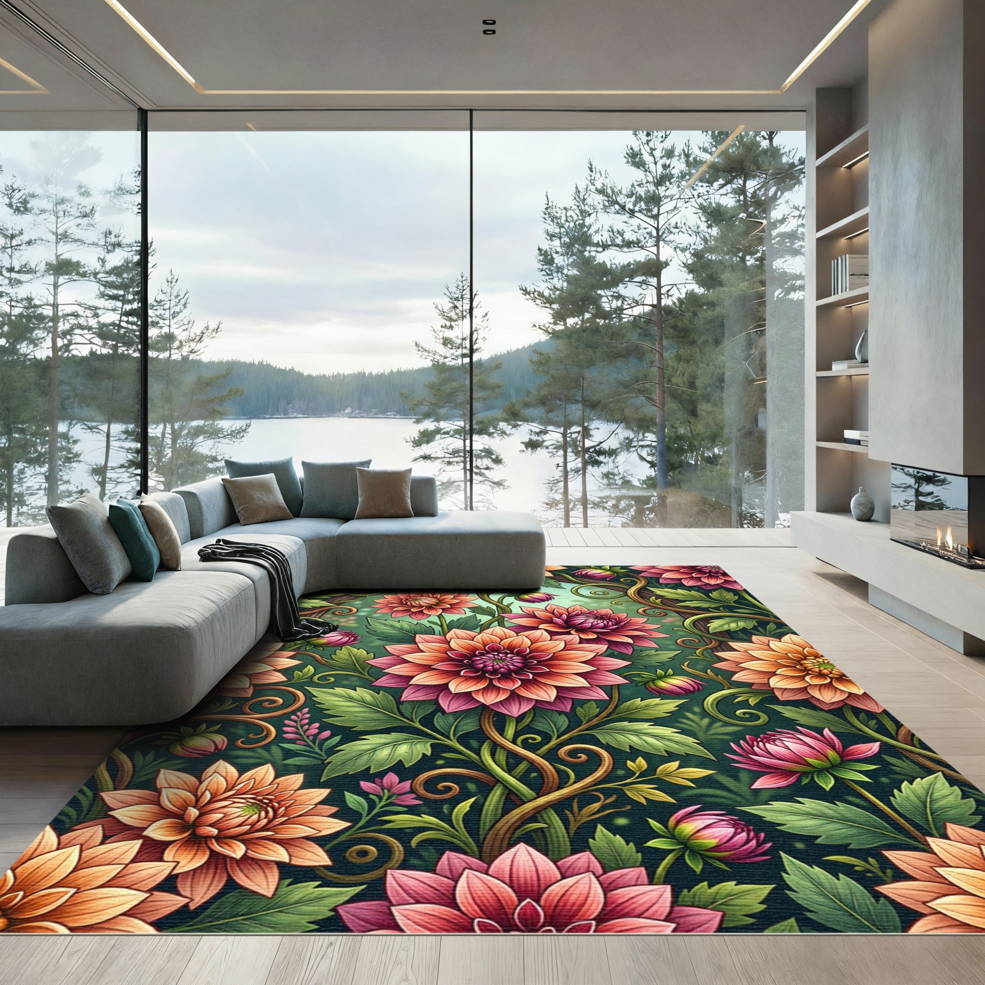 Vibrant Coral Pink Floral Arrangement Rug