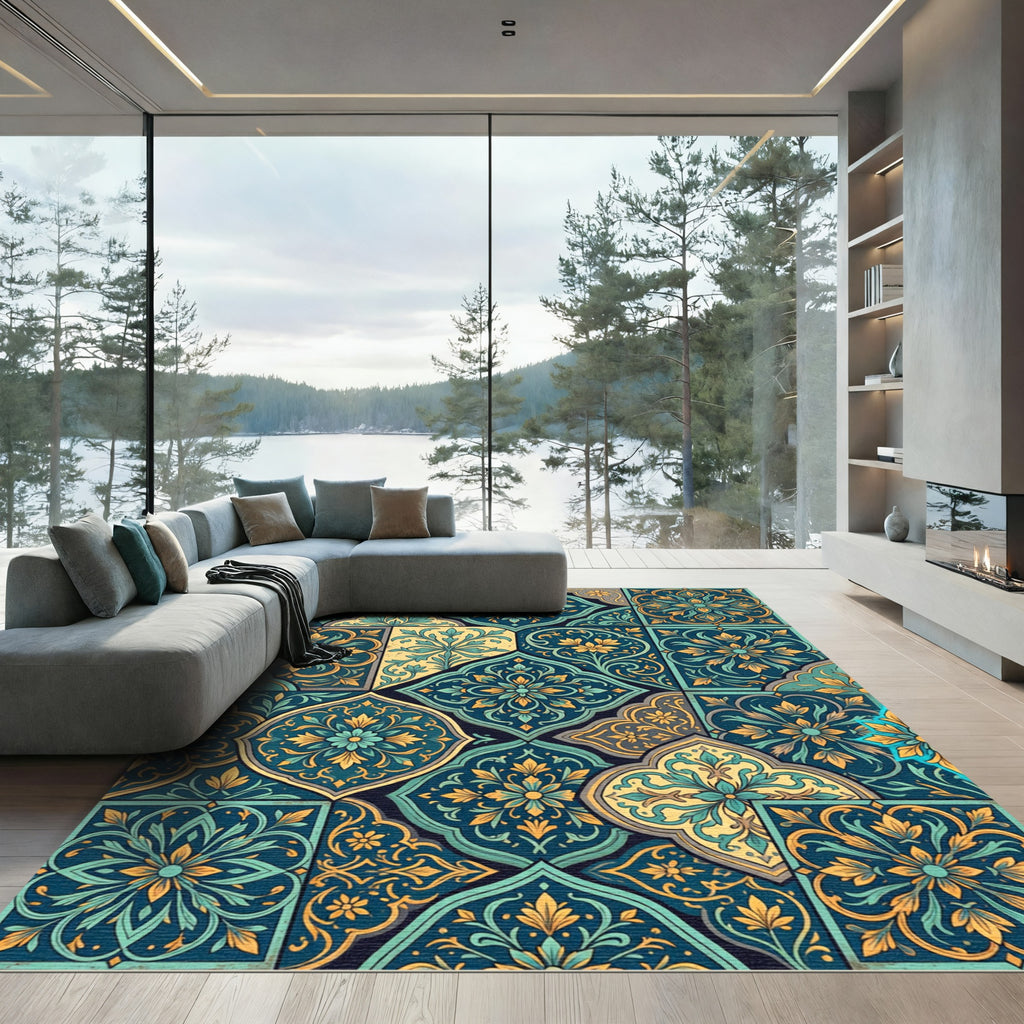 Teal Gold Medallion Floral Collage Rug
