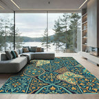 Teal Gold Medallion Floral Collage Rug