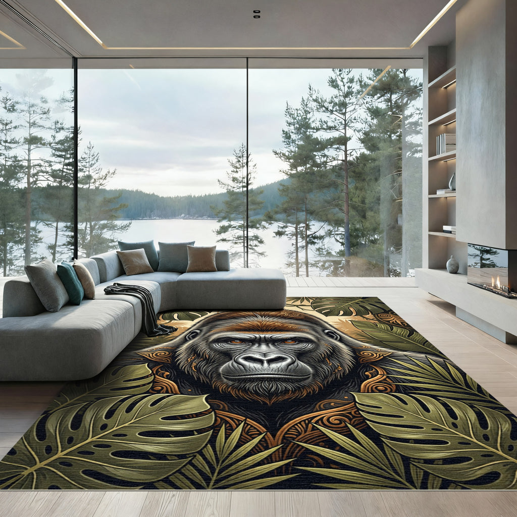 Majestic Golden Gorilla Jungle Foliage Rug