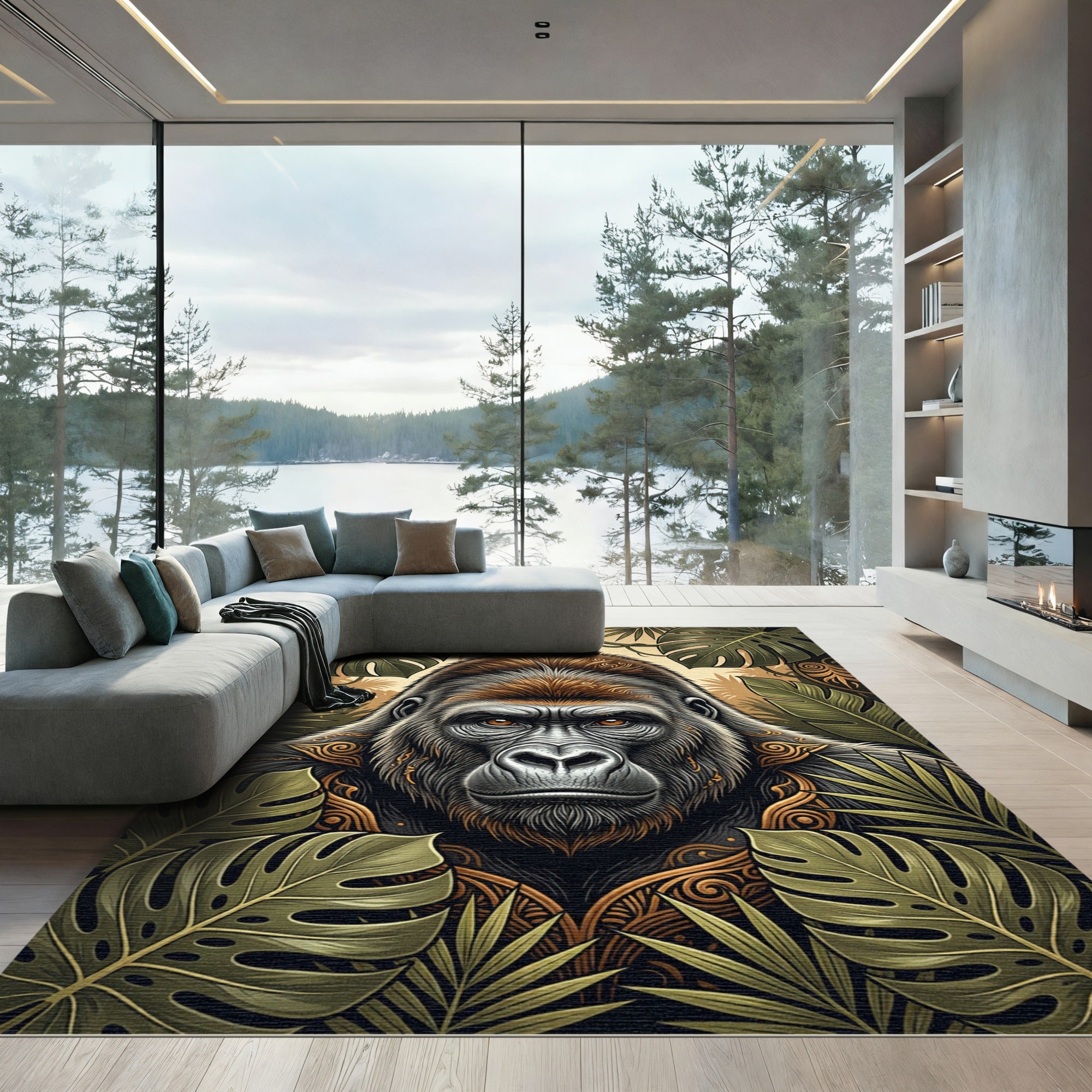 Majestic Golden Gorilla Jungle Foliage Rug