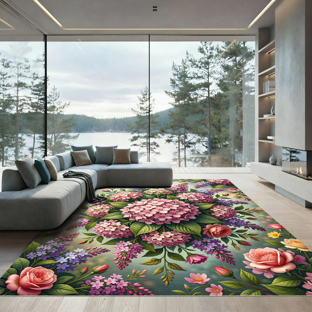Vibrant Pink Hydrangea Lilac Garden Bouquet Rug