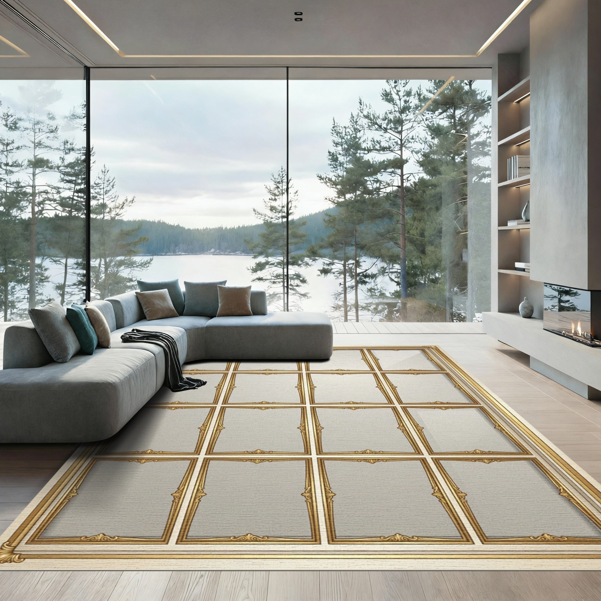 Gold Ornate Scroll Frame Arrangement Rug