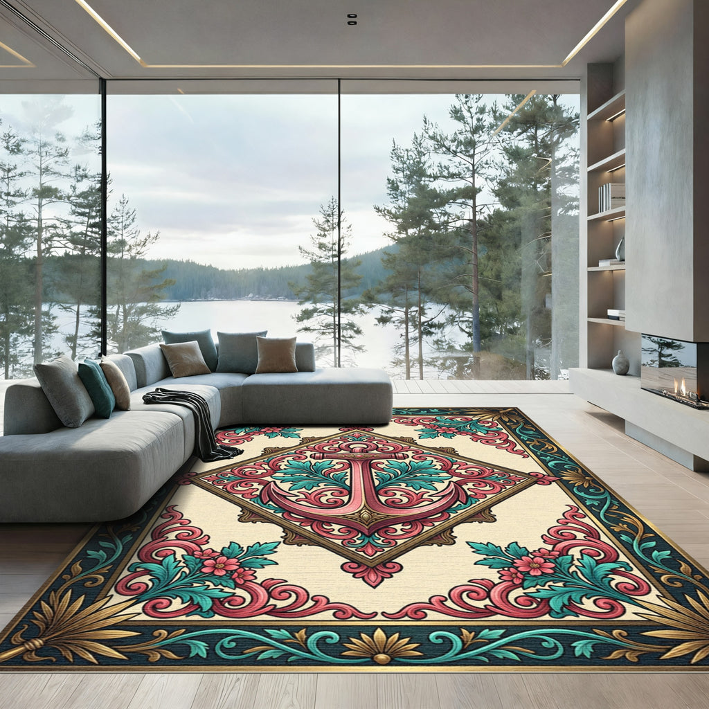 Victorian Pink Anchor Floral Border Rug