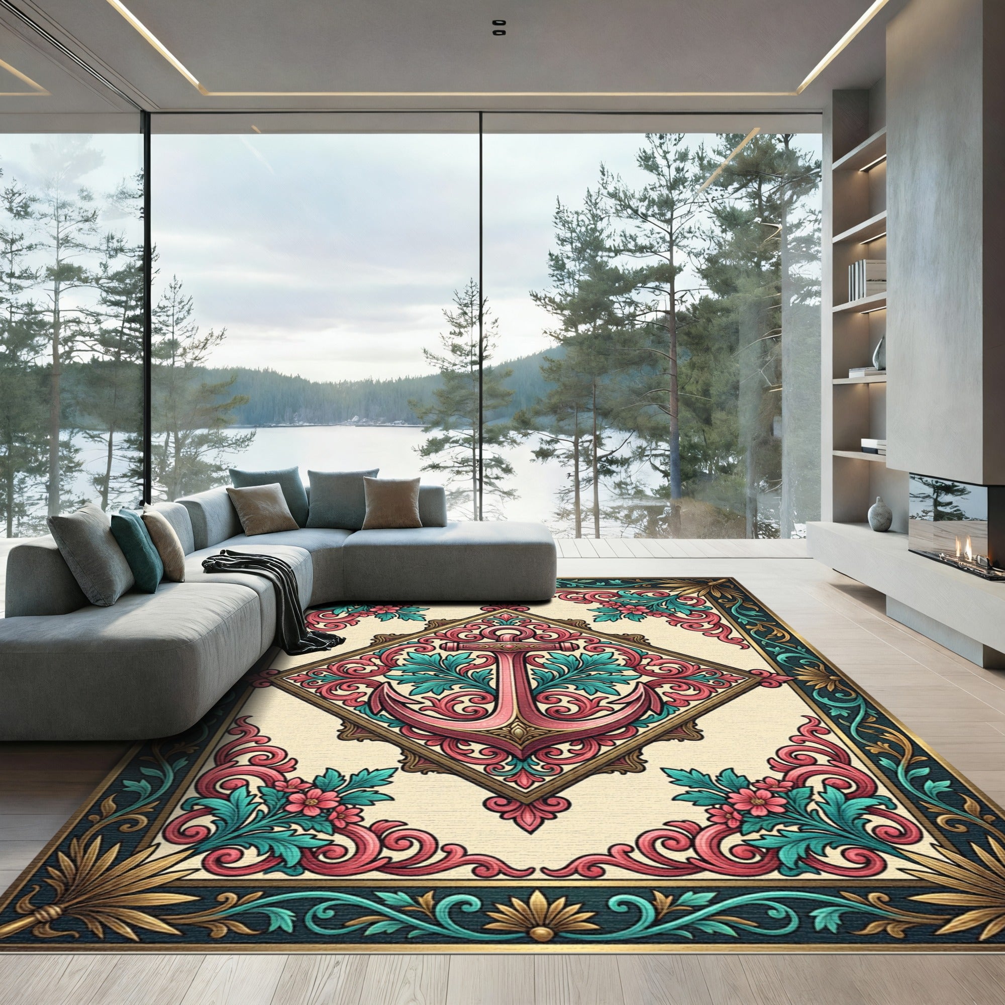 Victorian Pink Anchor Floral Border Rug