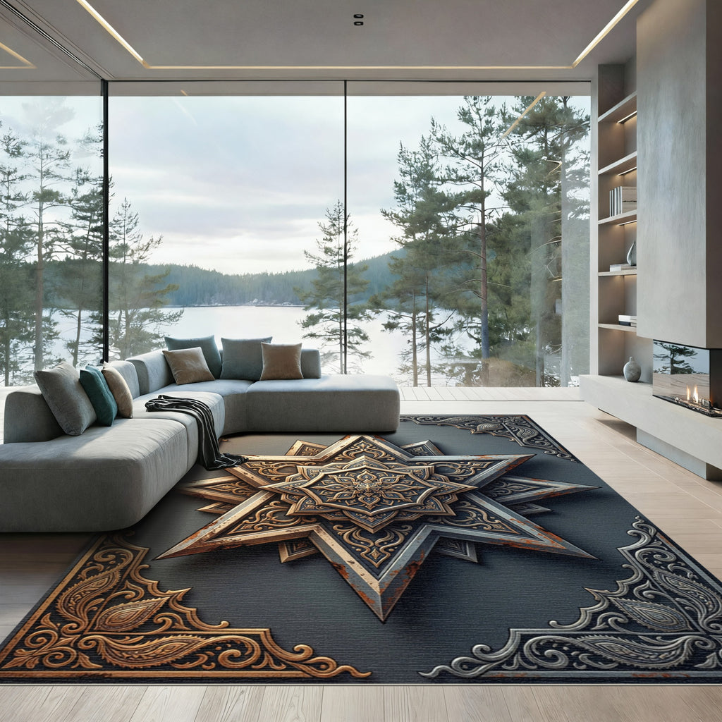 Ornate Metallic Starburst Medallion Rug
