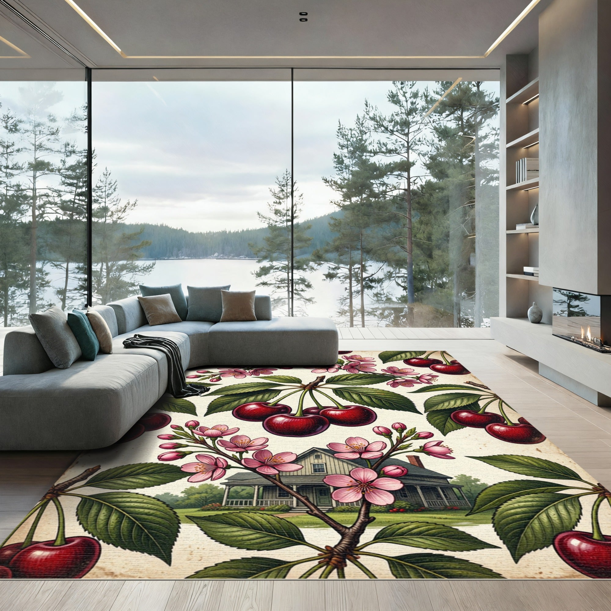 Vintage Botanical Cherry Blossom Cottage Rug