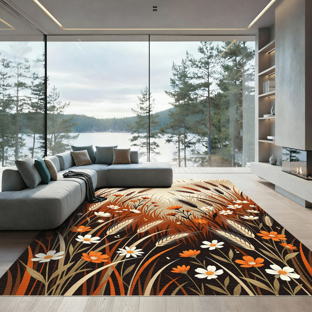 Autumn Wheat Field Daisy Composition Rug