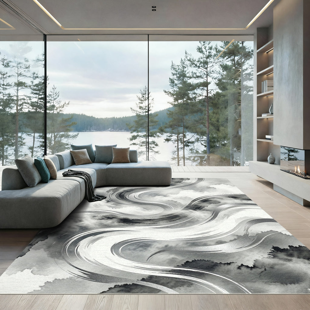Monochrome Abstract Ink Swirl Rug