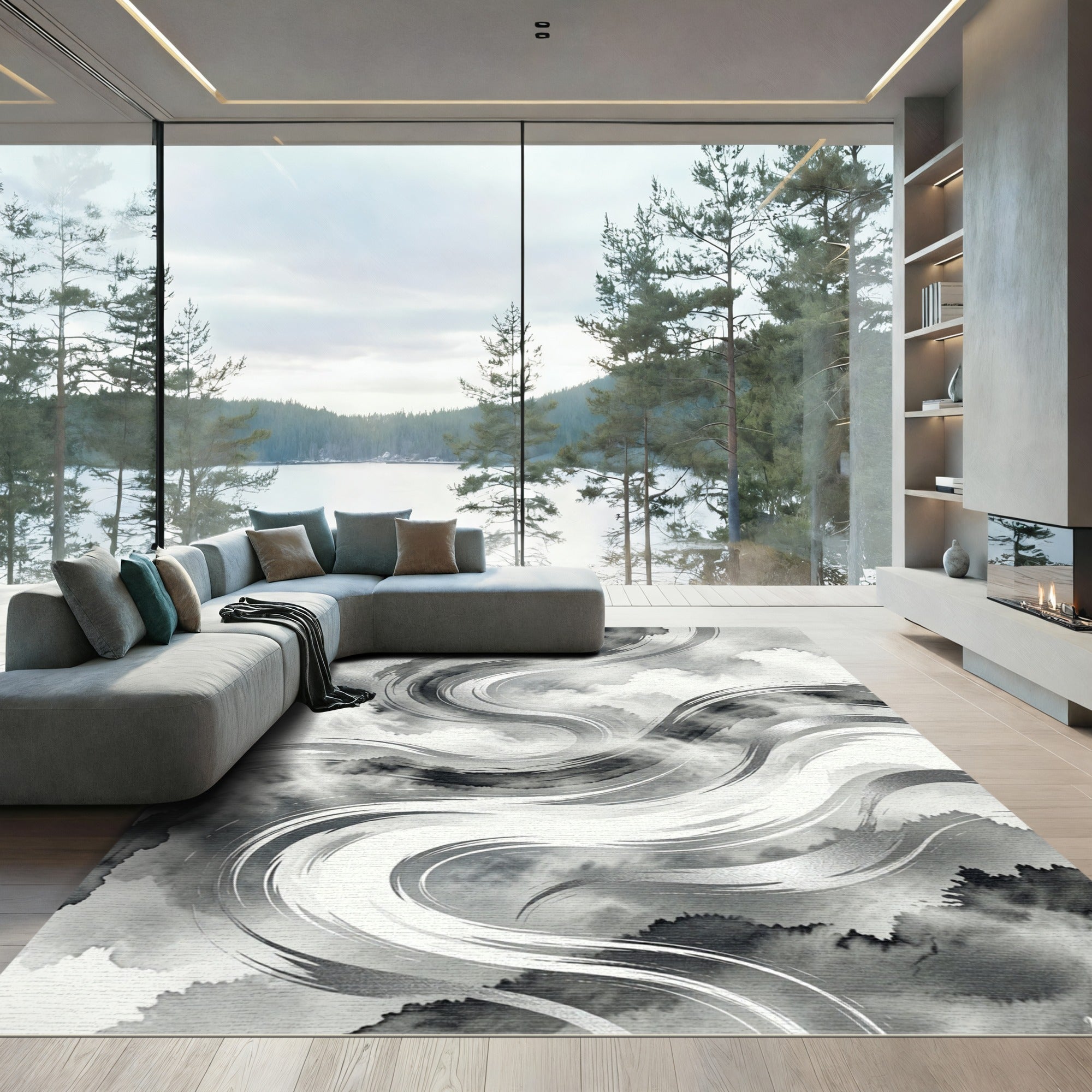 Monochrome Abstract Ink Swirl Rug