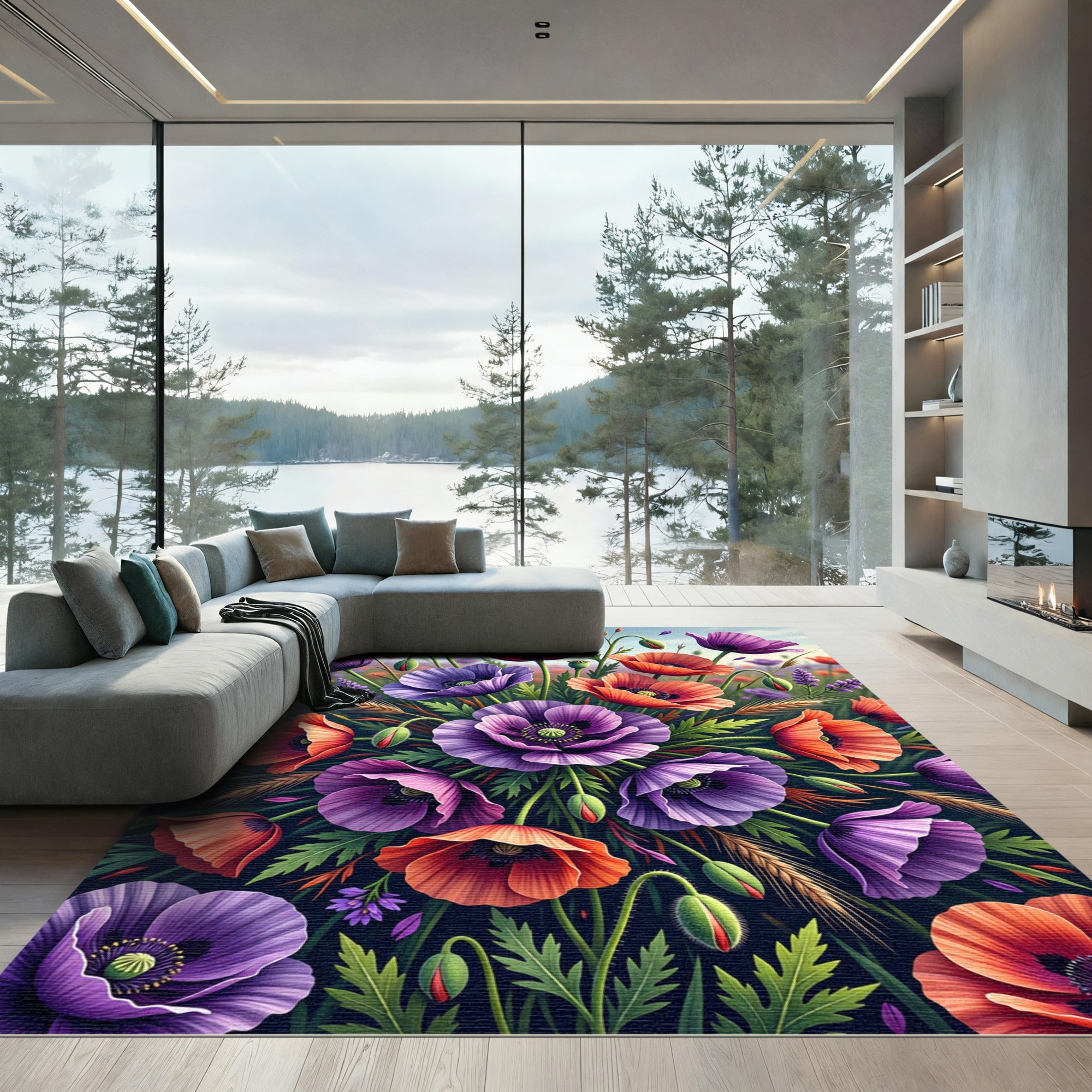 Vibrant Purple and Orange Poppy Garden Rug
