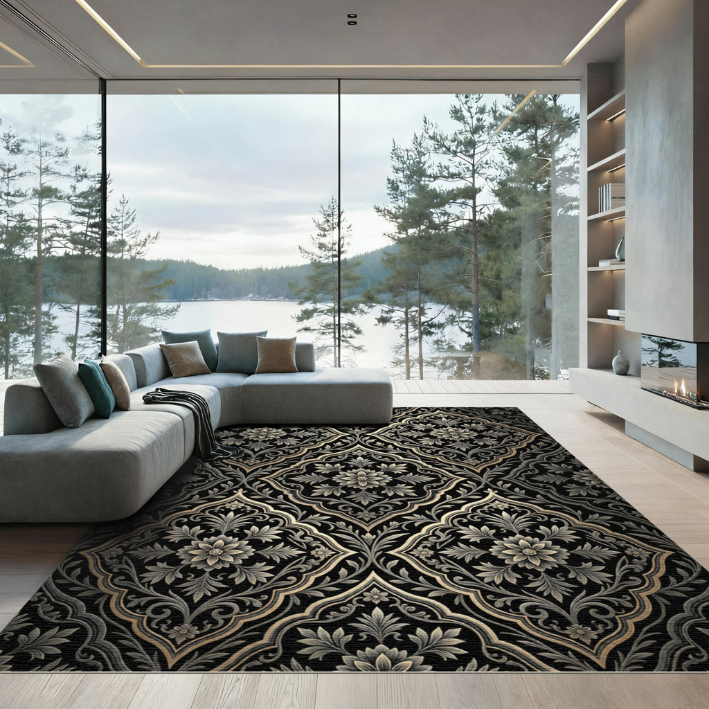Elaborate Black Gold Floral Arabesque Rug