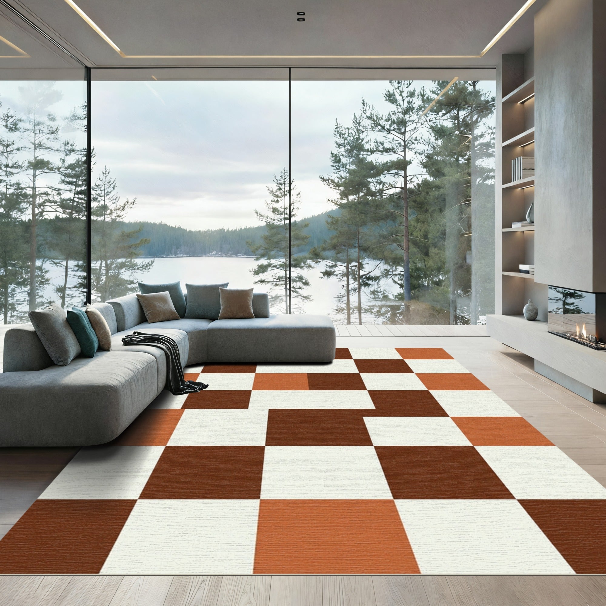 Terracotta White Geometric Checkered Rug