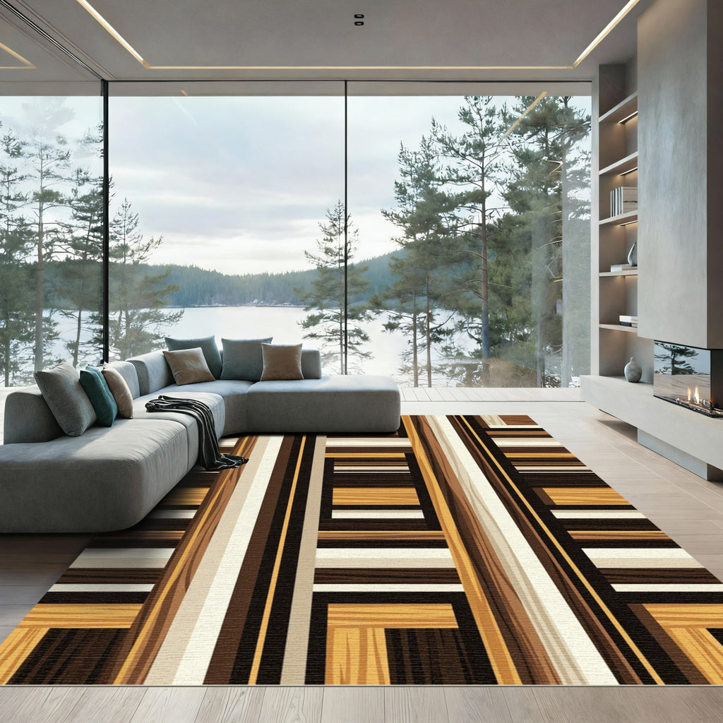 Warm Wood Grain Geometric Array Rug