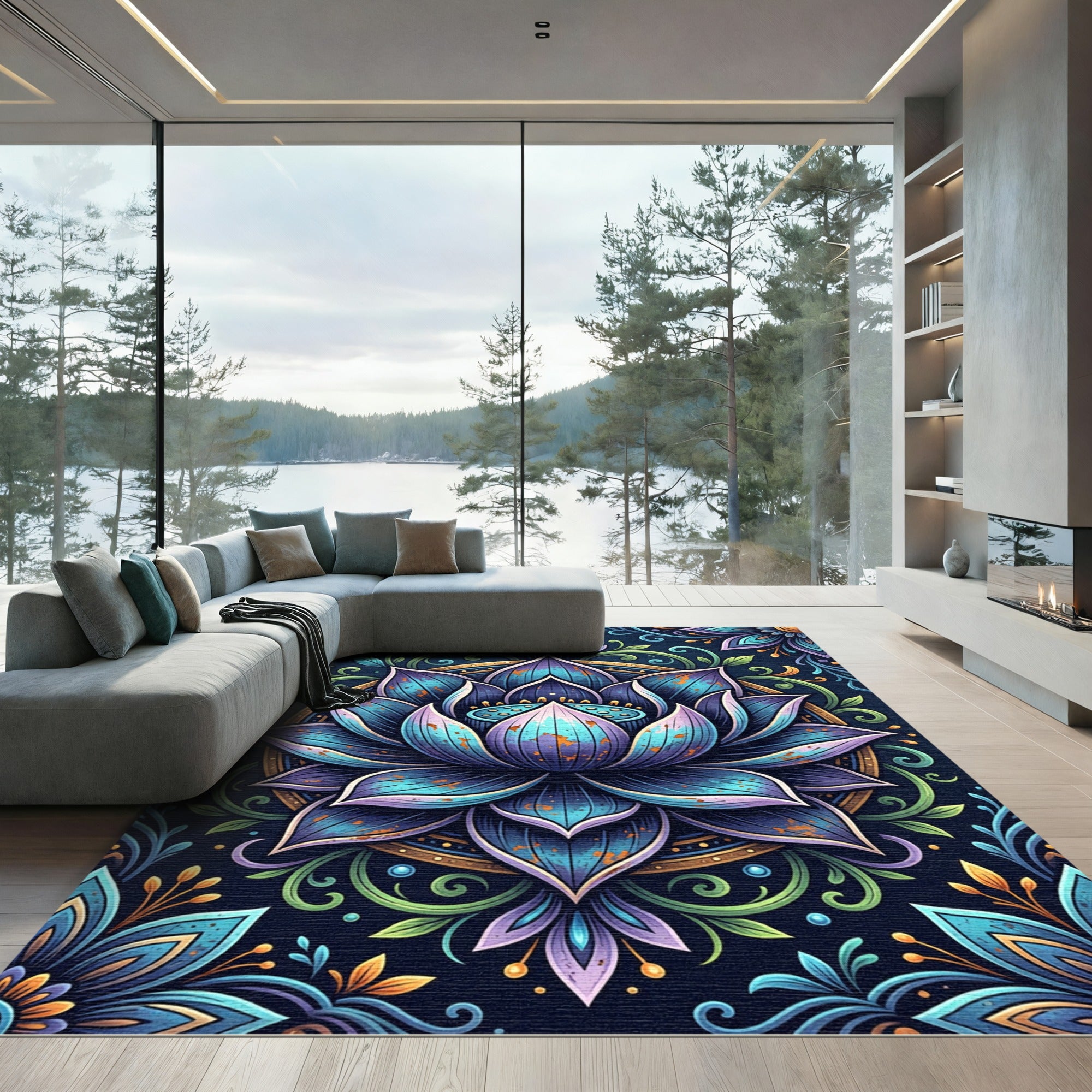 Vibrant Blue Lotus Mandala Rug