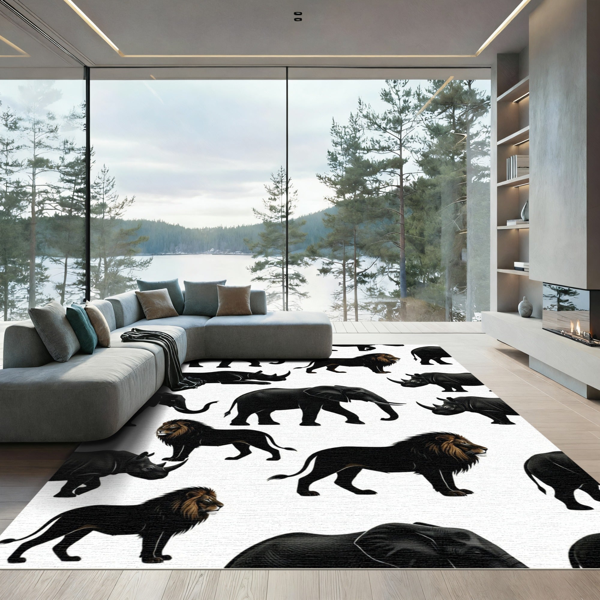 Monochrome African Wildlife Animal Silhouette Rug