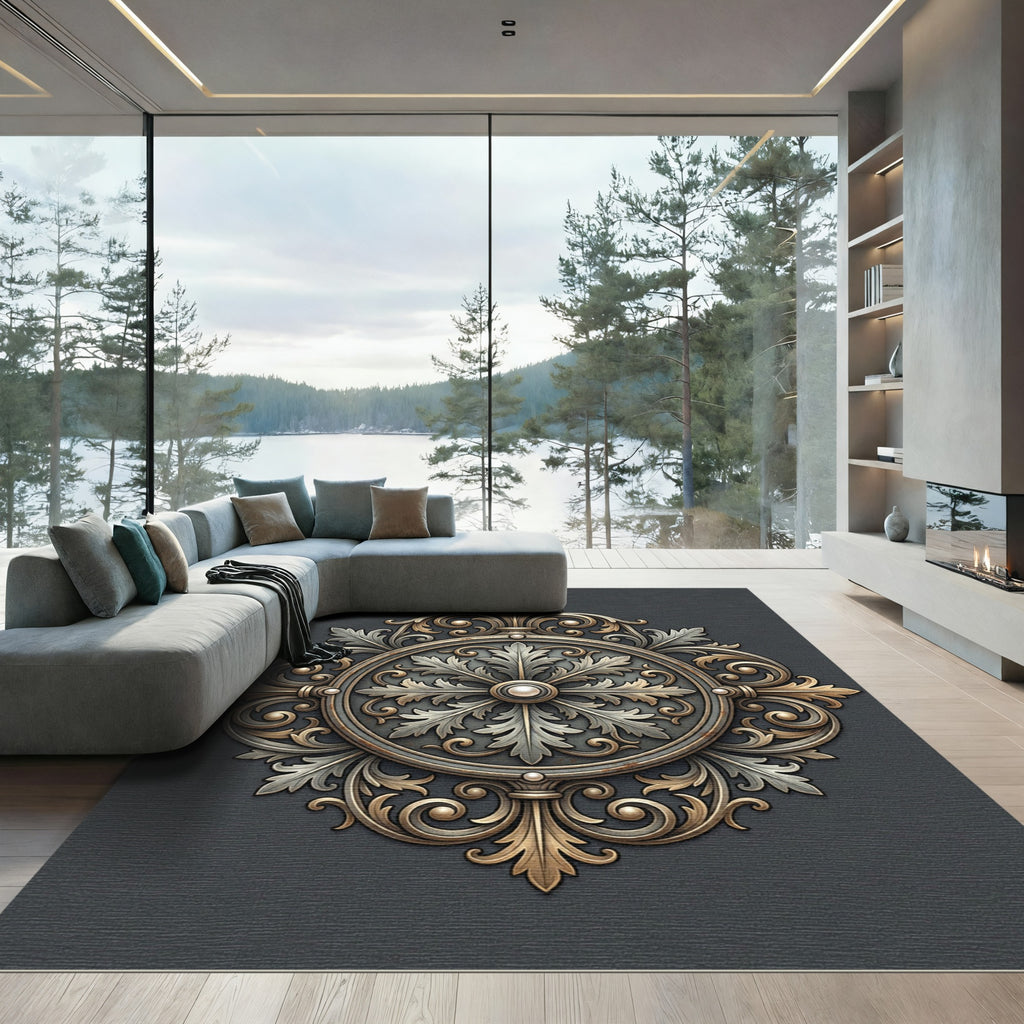 Ornate Gold and Silver Scroll Medallion Rug