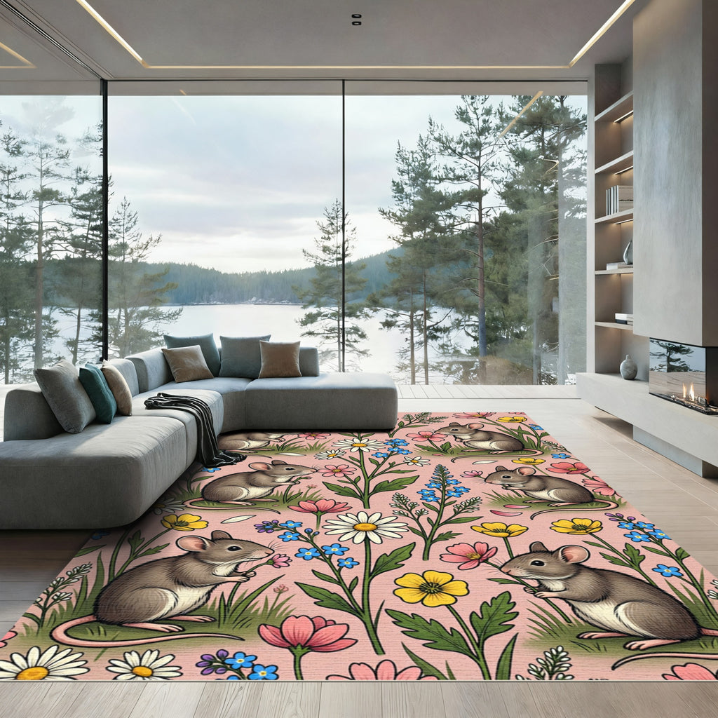 Whimsical Blush Pink Mouse Floral Meadow Rug