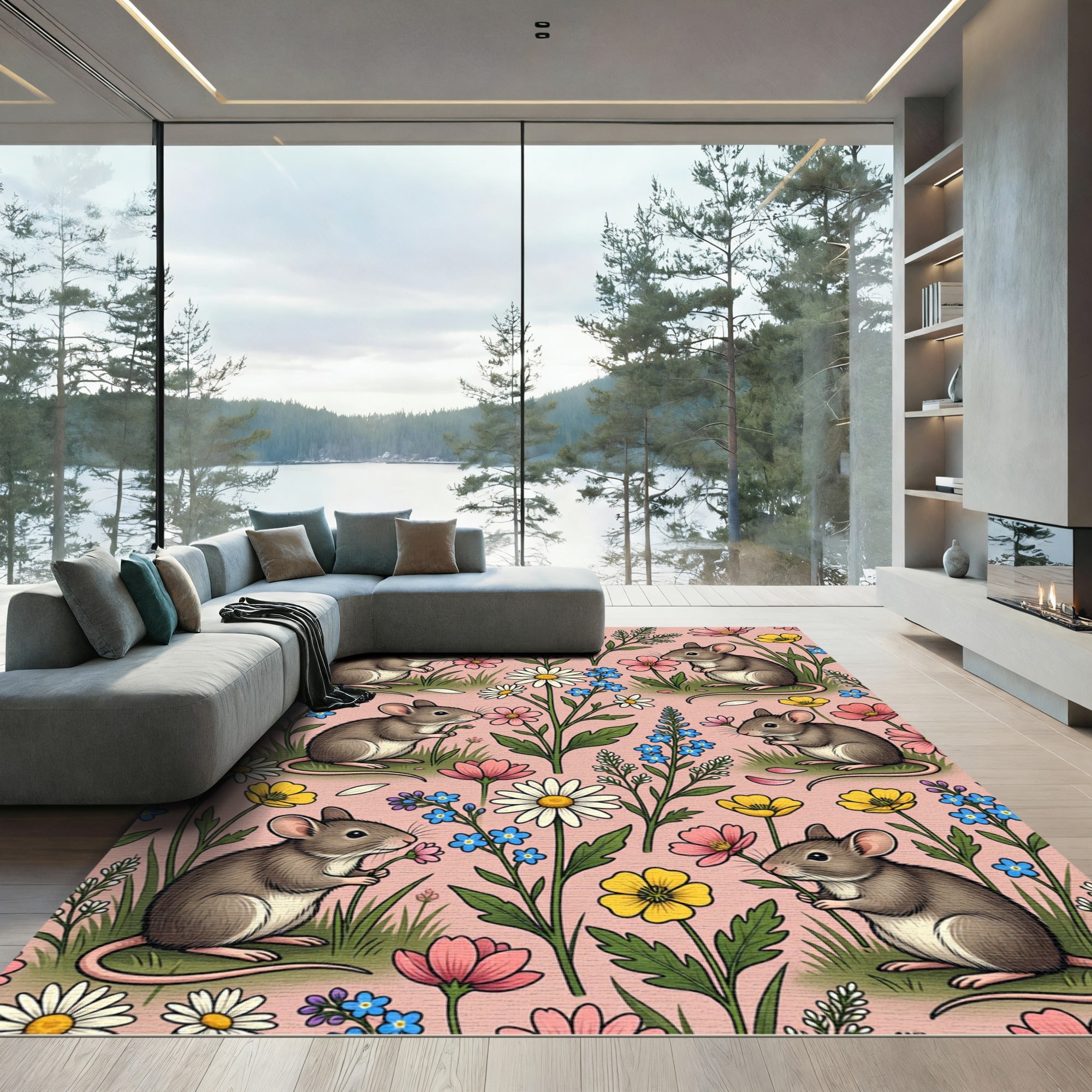 Whimsical Blush Pink Mouse Floral Meadow Rug