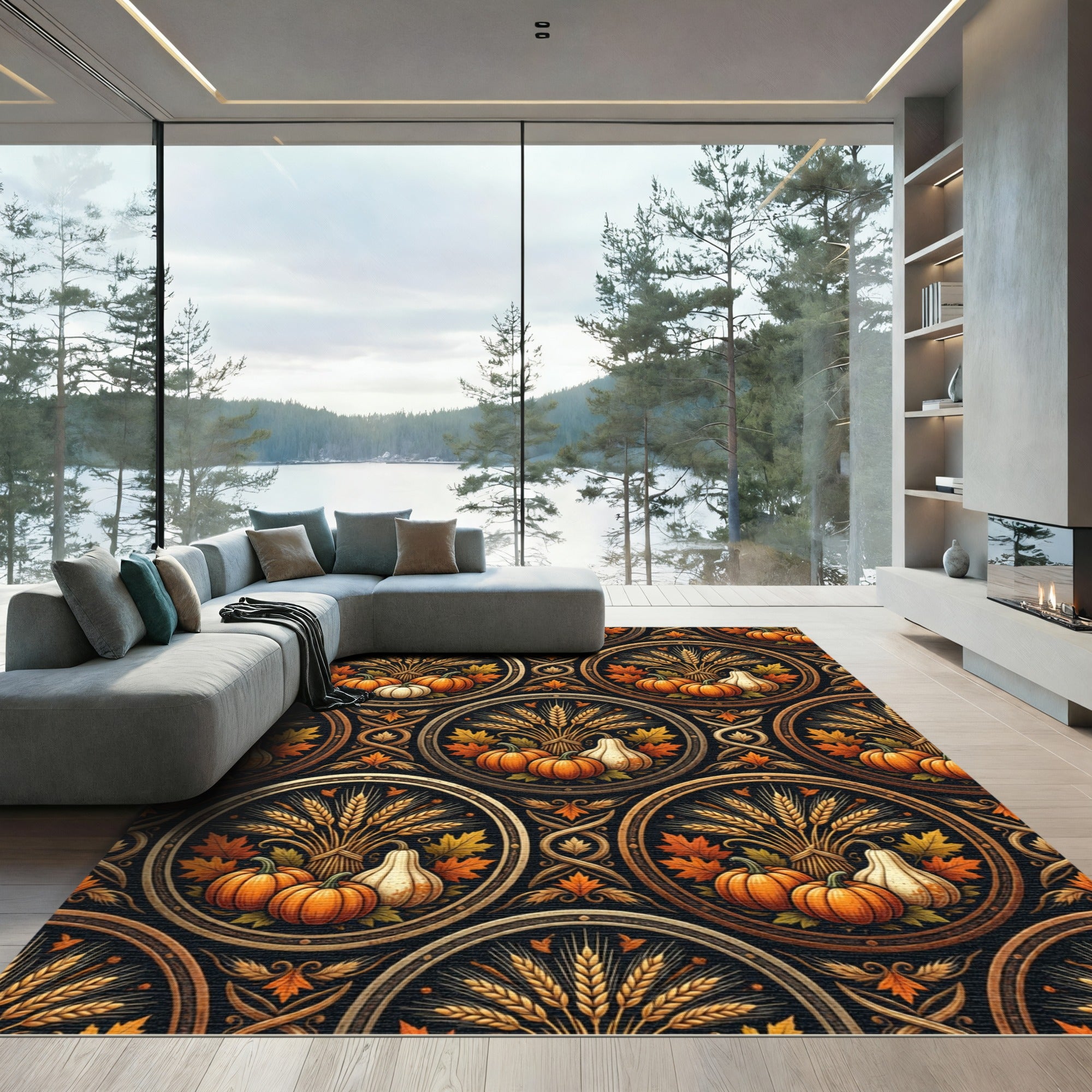 Autumn Harvest Wheat and Pumpkin Medallion Rug
