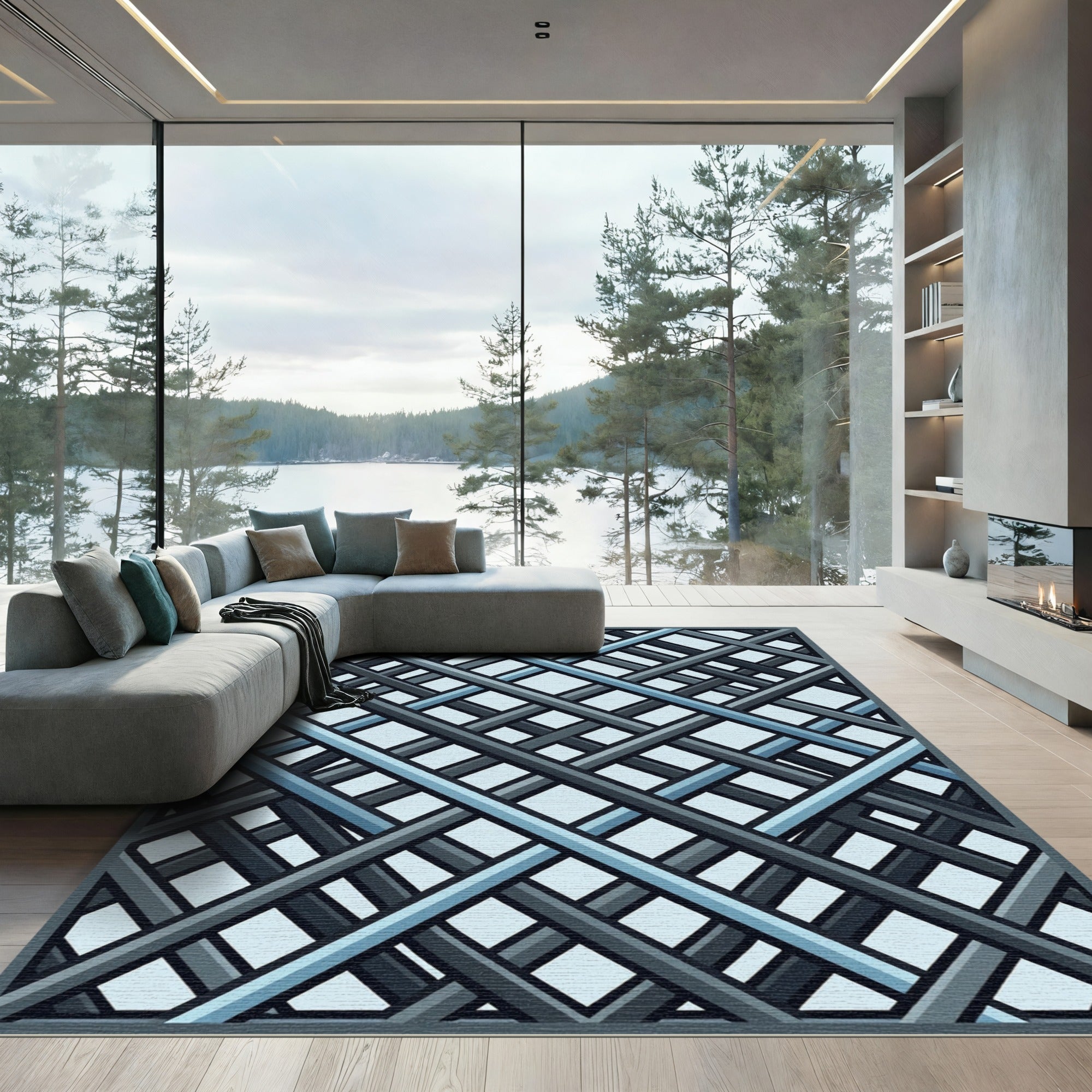 Modern Slate Blue Geometric Plaid Linear Rug