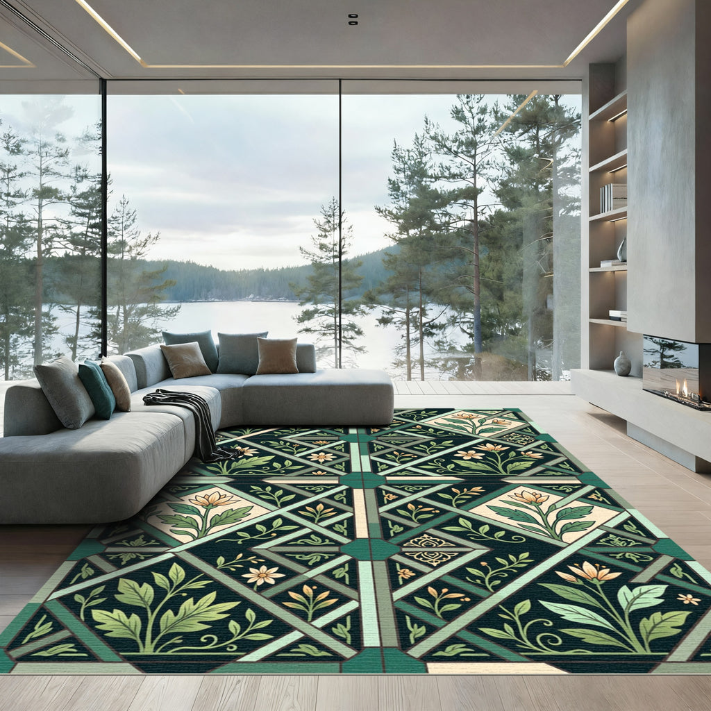 Emerald Green Floral Geometric Tile Rug