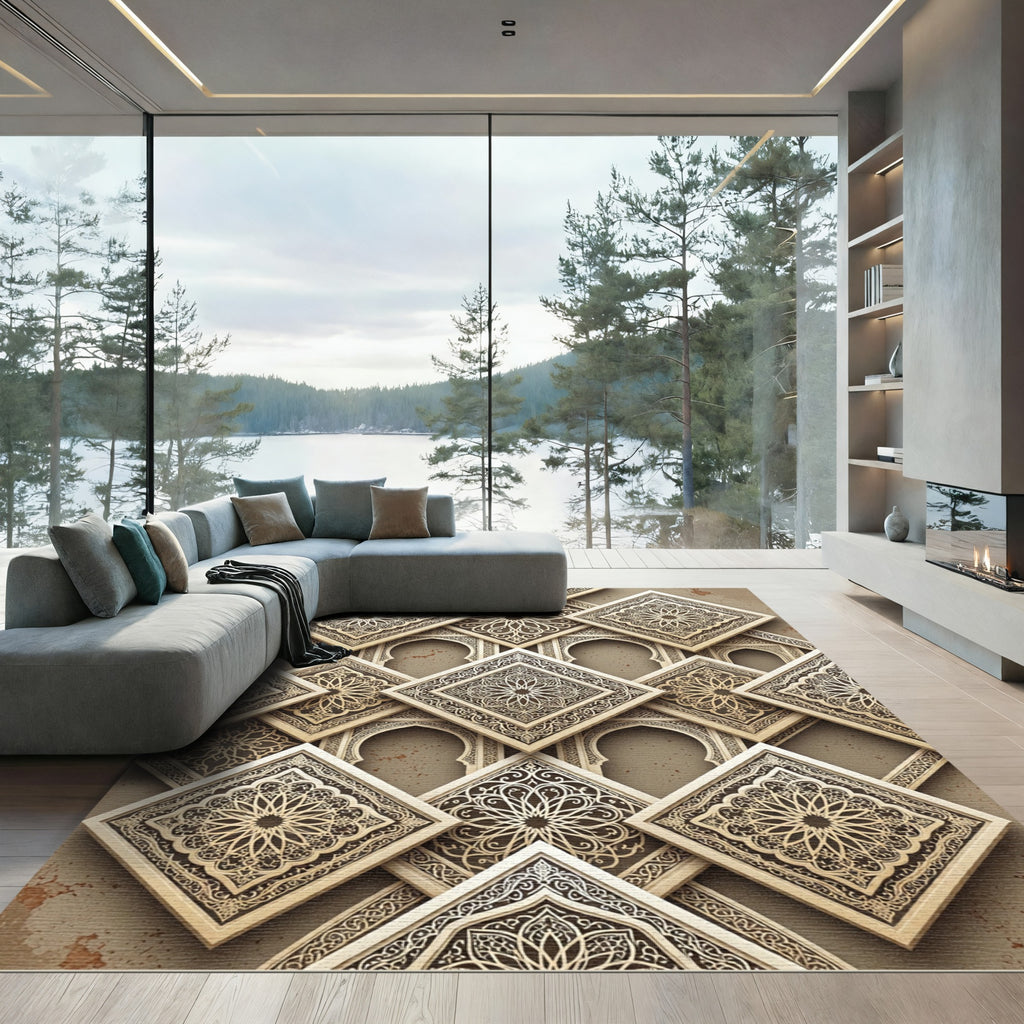 Elegant Taupe Geometric Mandala Tile Rug
