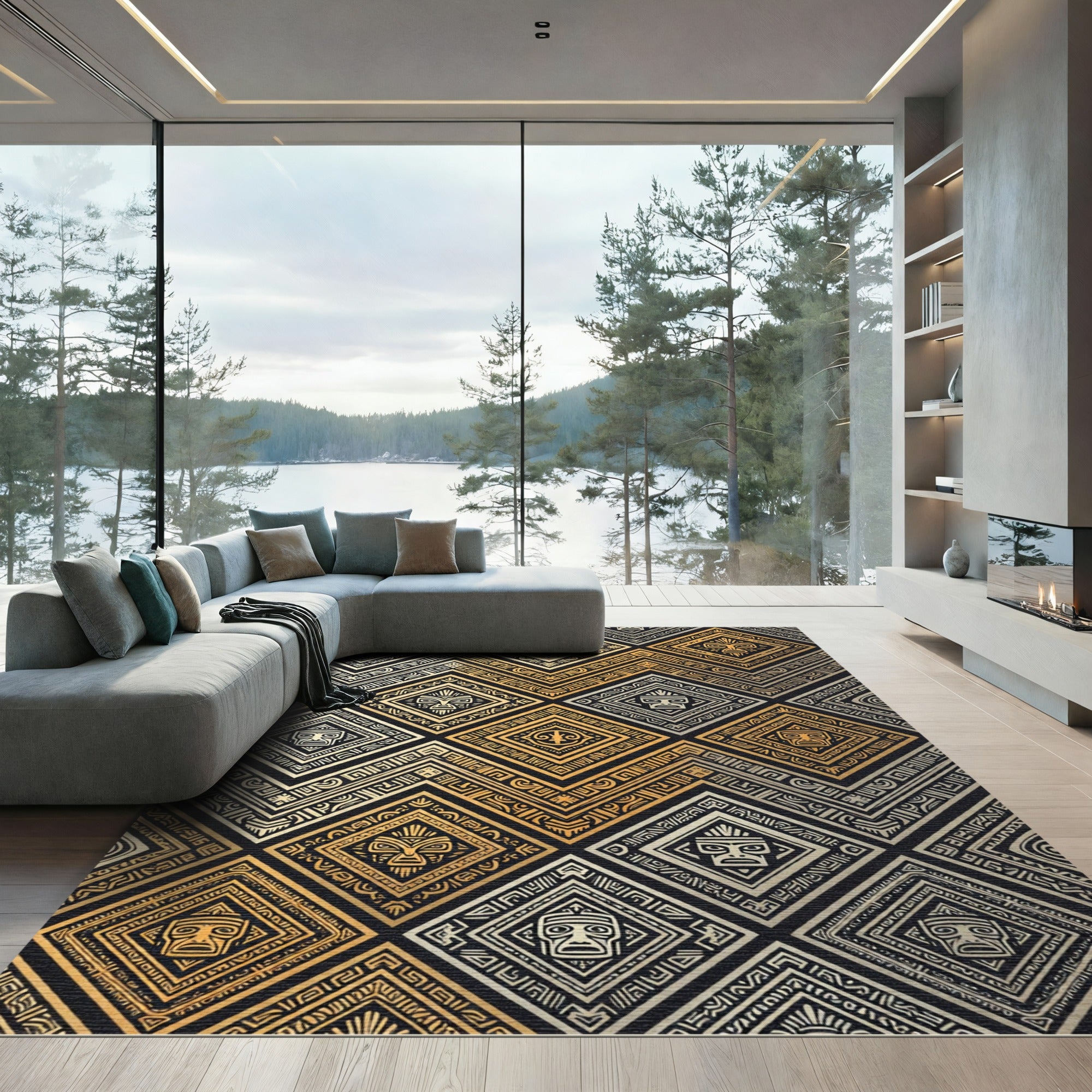 Golden Aztec Tribal Diamond Geometric Rug