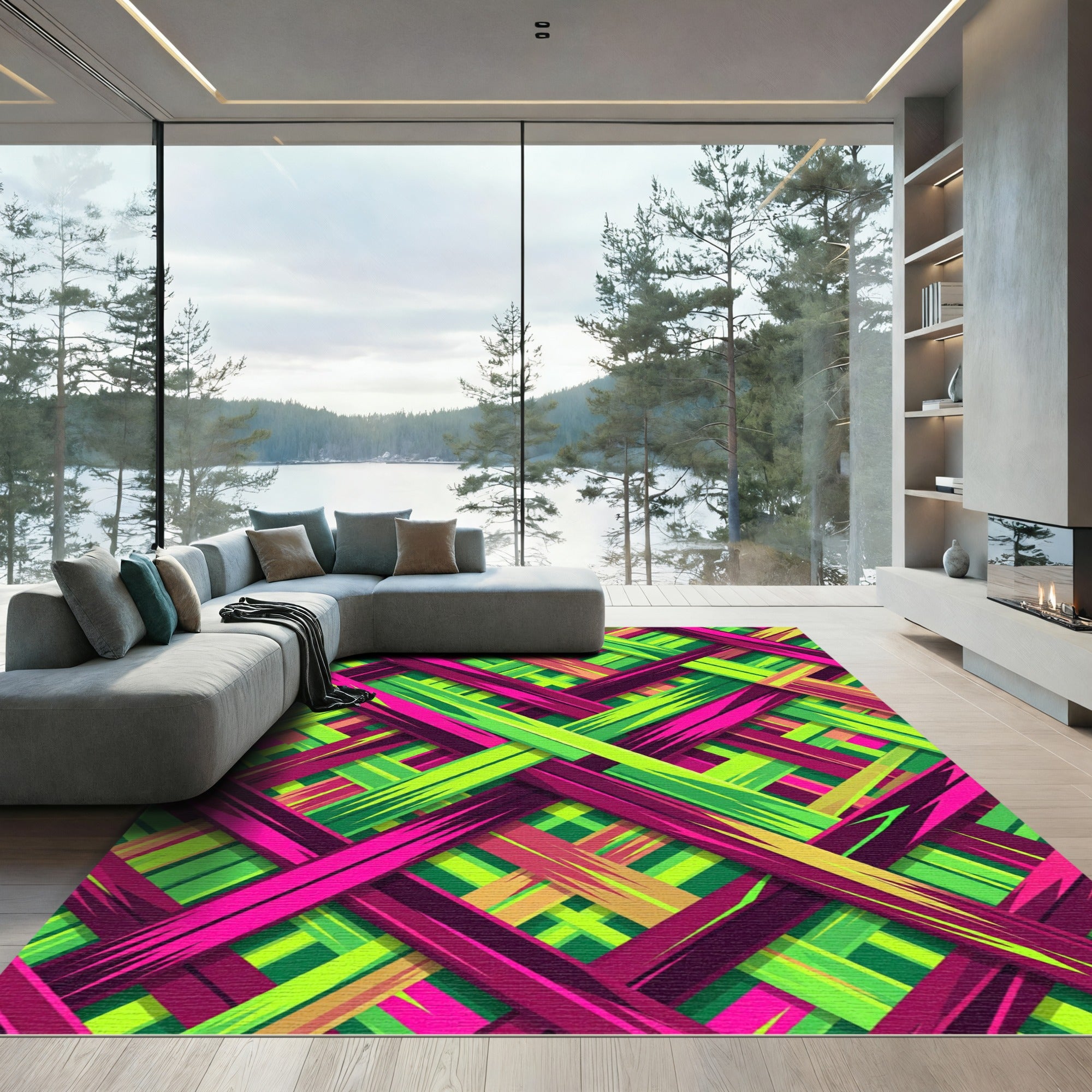 Vibrant Neon Geometric Woven Lattice Rug