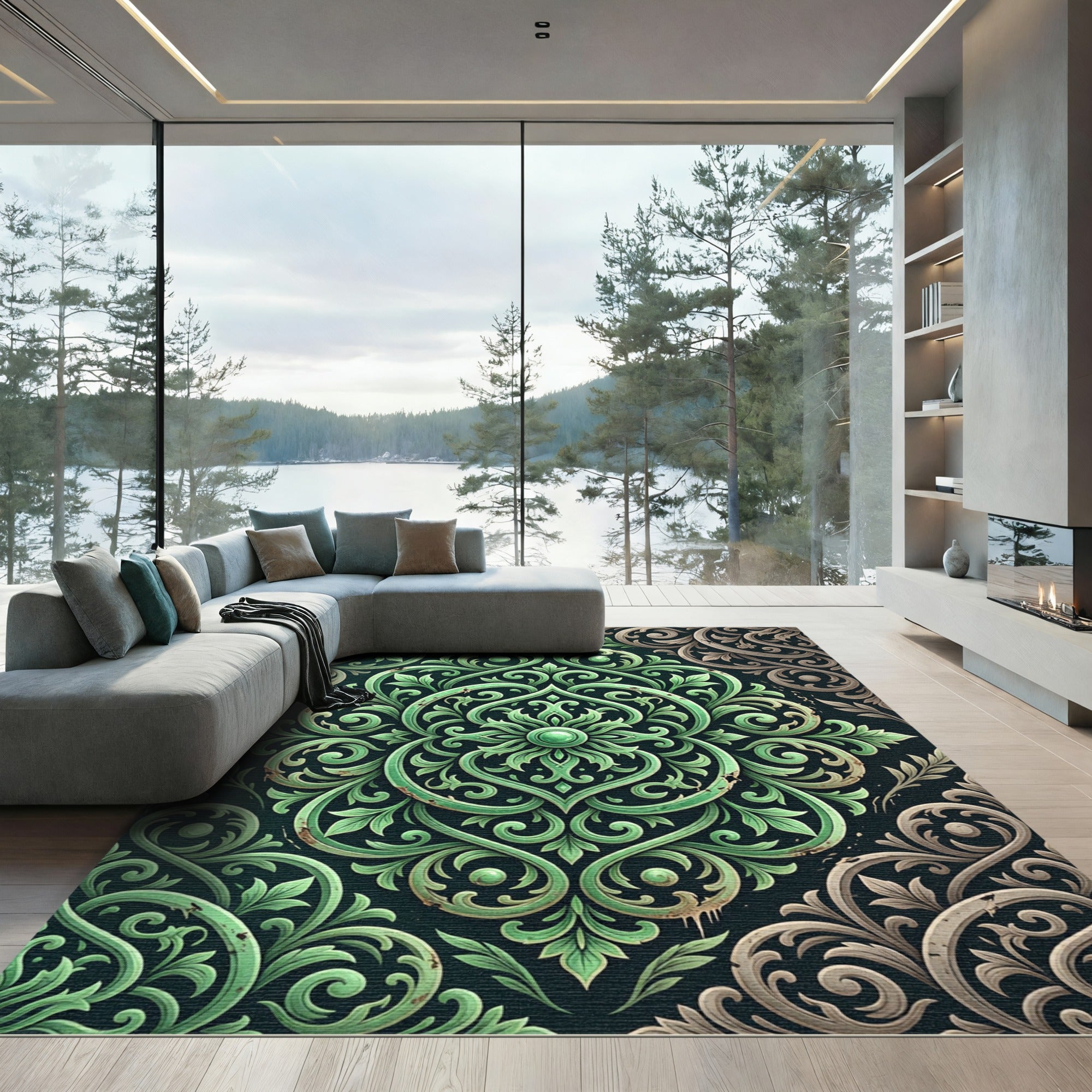 Emerald Ornate Damask Scroll Foliage Rug