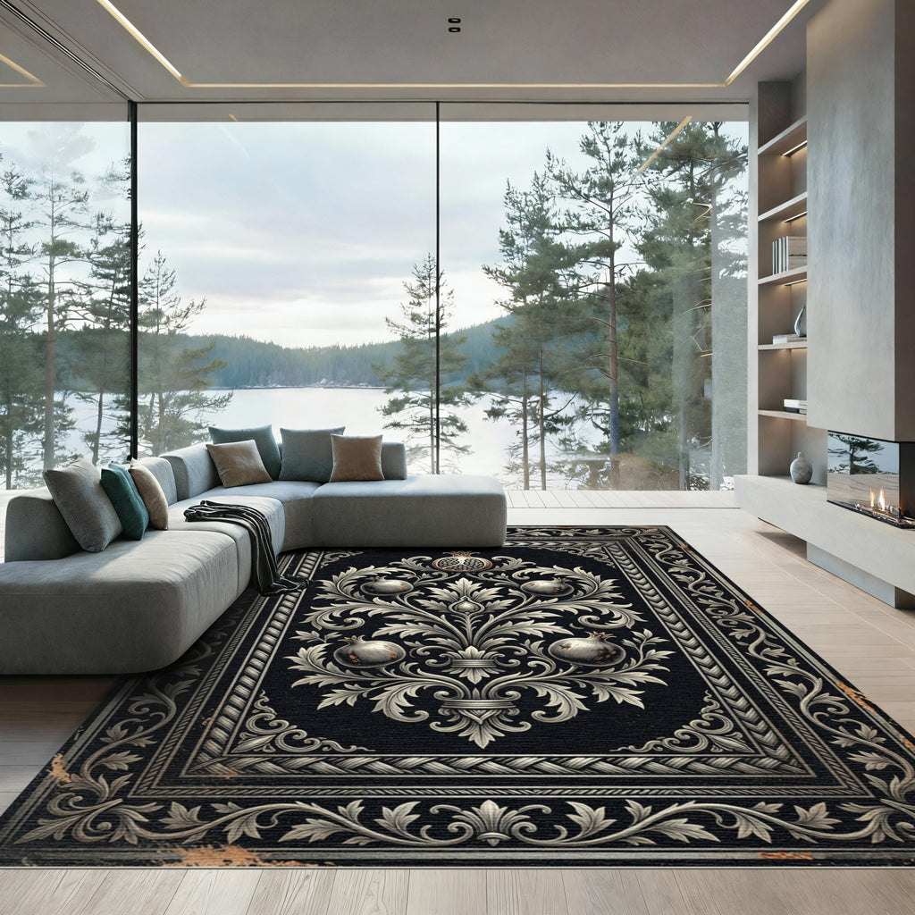 Antique Gilded Pomegranate Black Foliage Rug