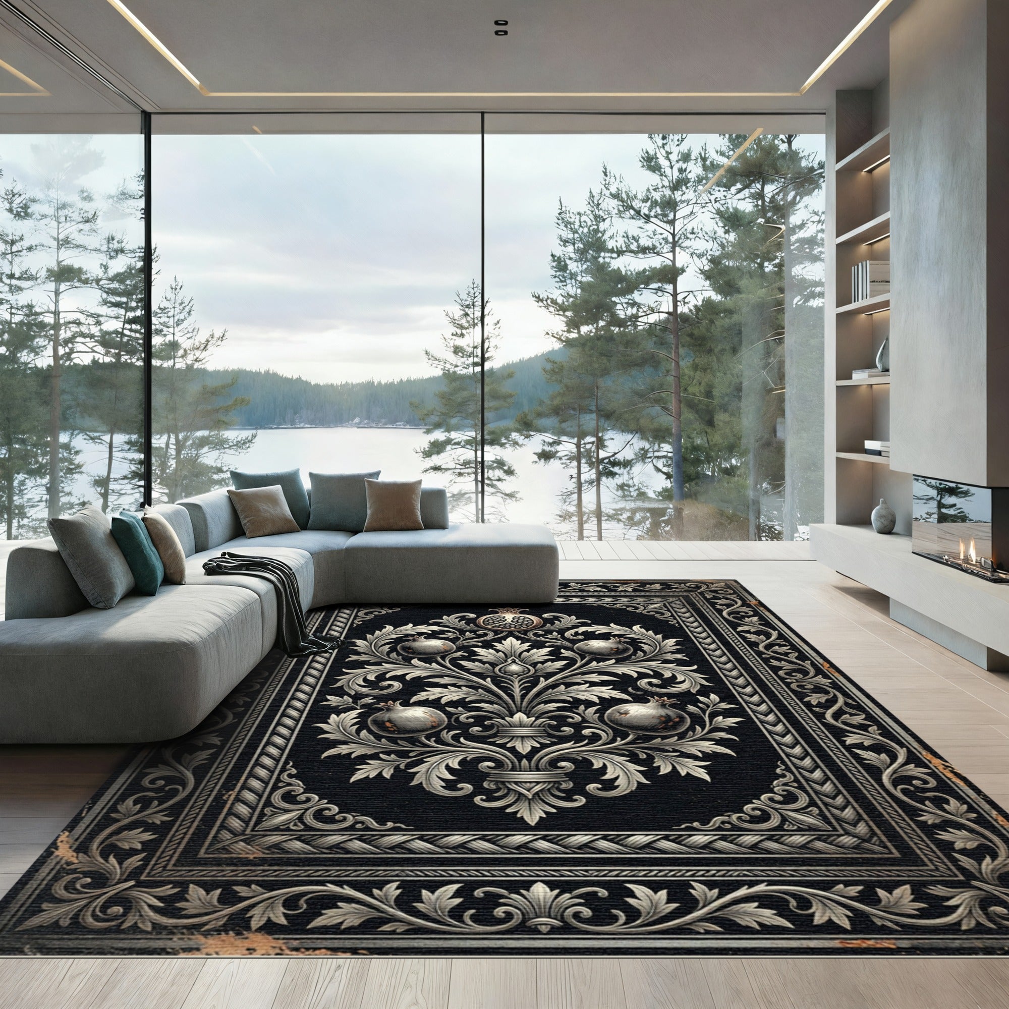 Antique Gilded Pomegranate Black Foliage Rug