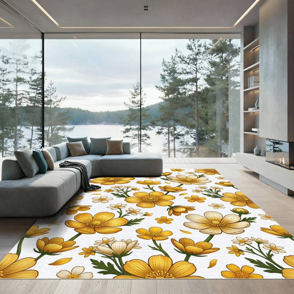 Golden Buttercup Floral Botanical Meadow Rug