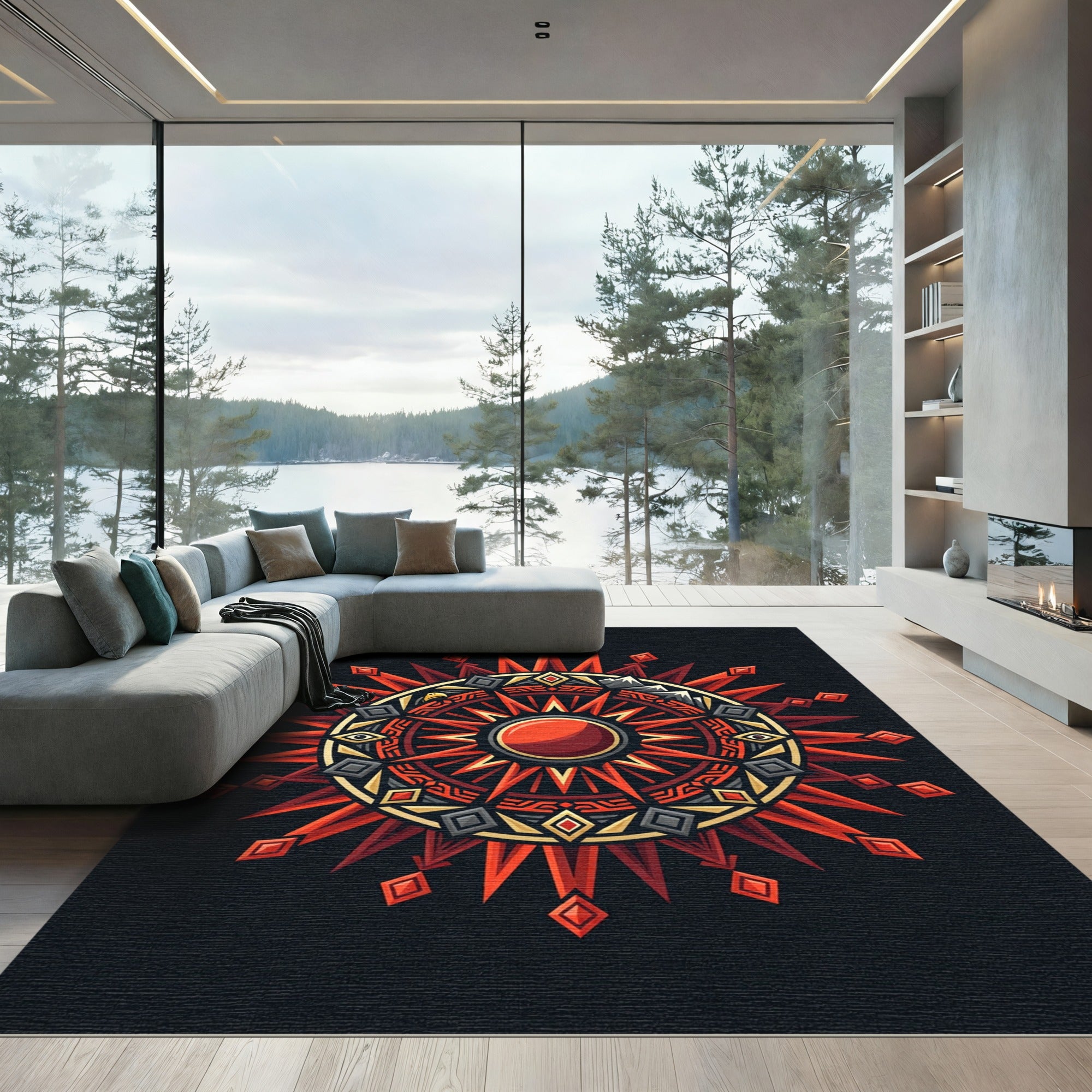 Radiant Crimson Geometric Sunburst Medallion Rug