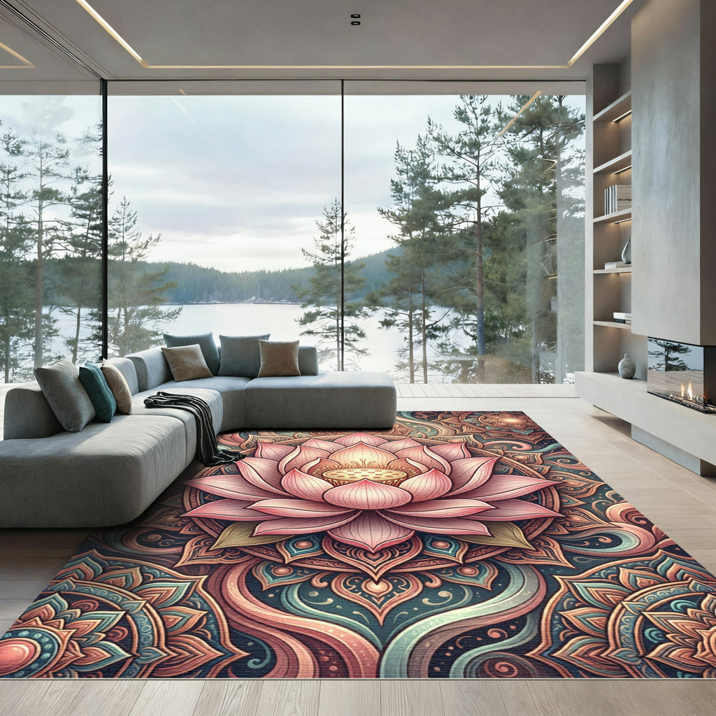 Ethereal Pink Lotus Floral Mandala Rug