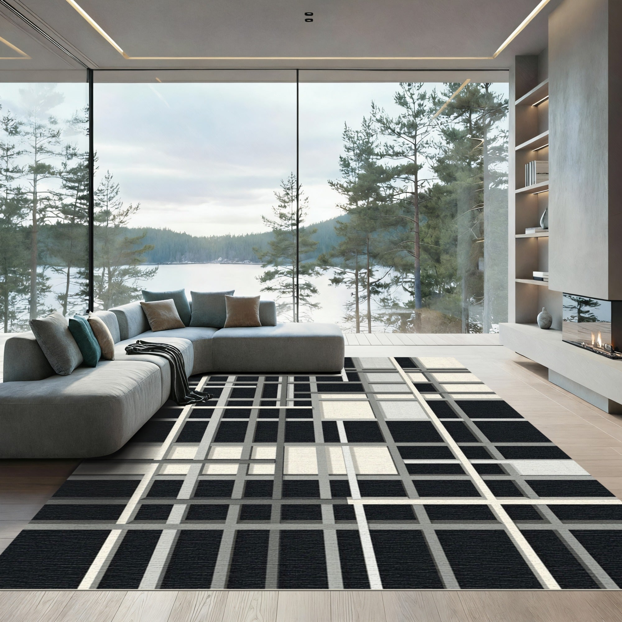 Modern Black Gray White Intersecting Lines Rug