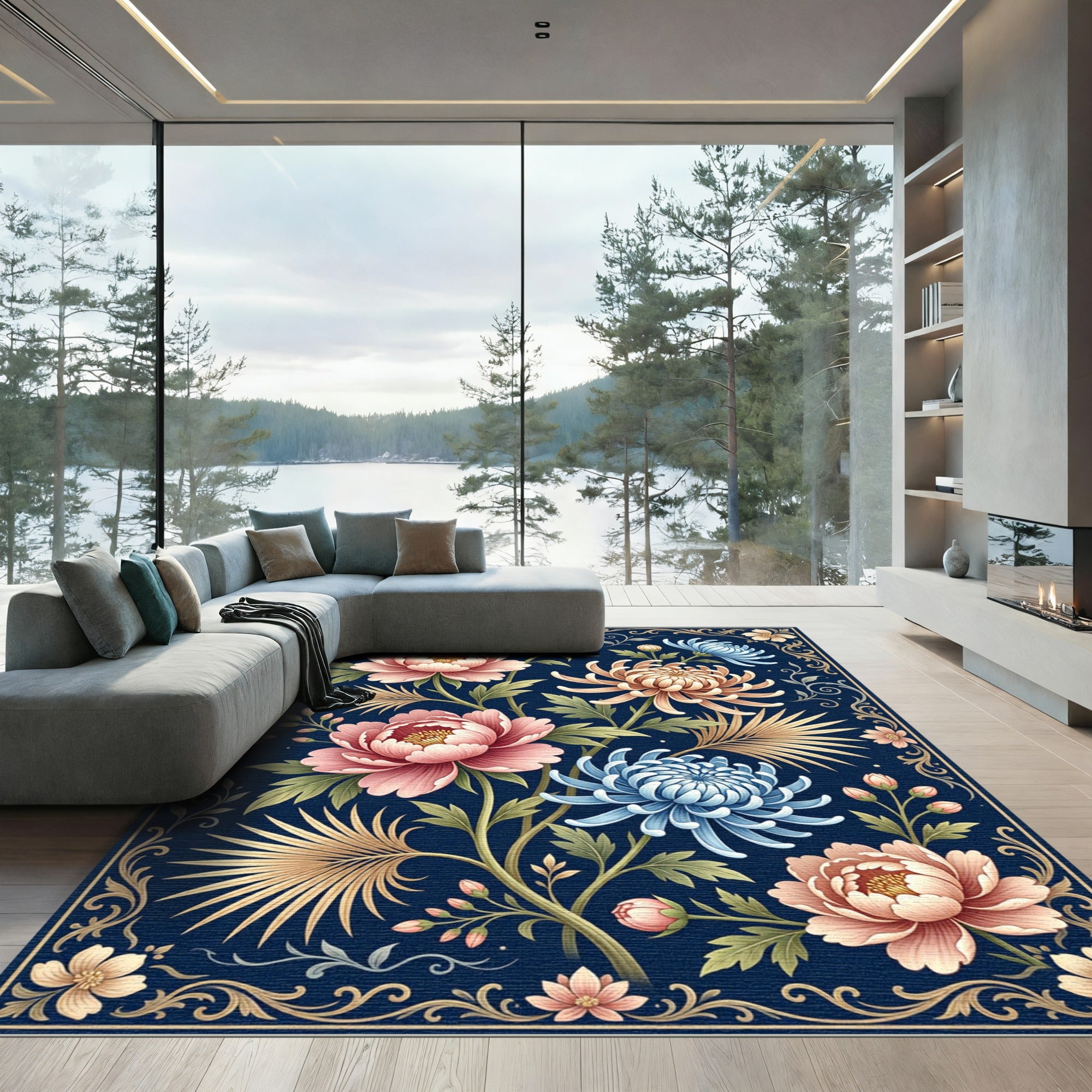 Navy Botanical Peony and Chrysanthemum Art Rug