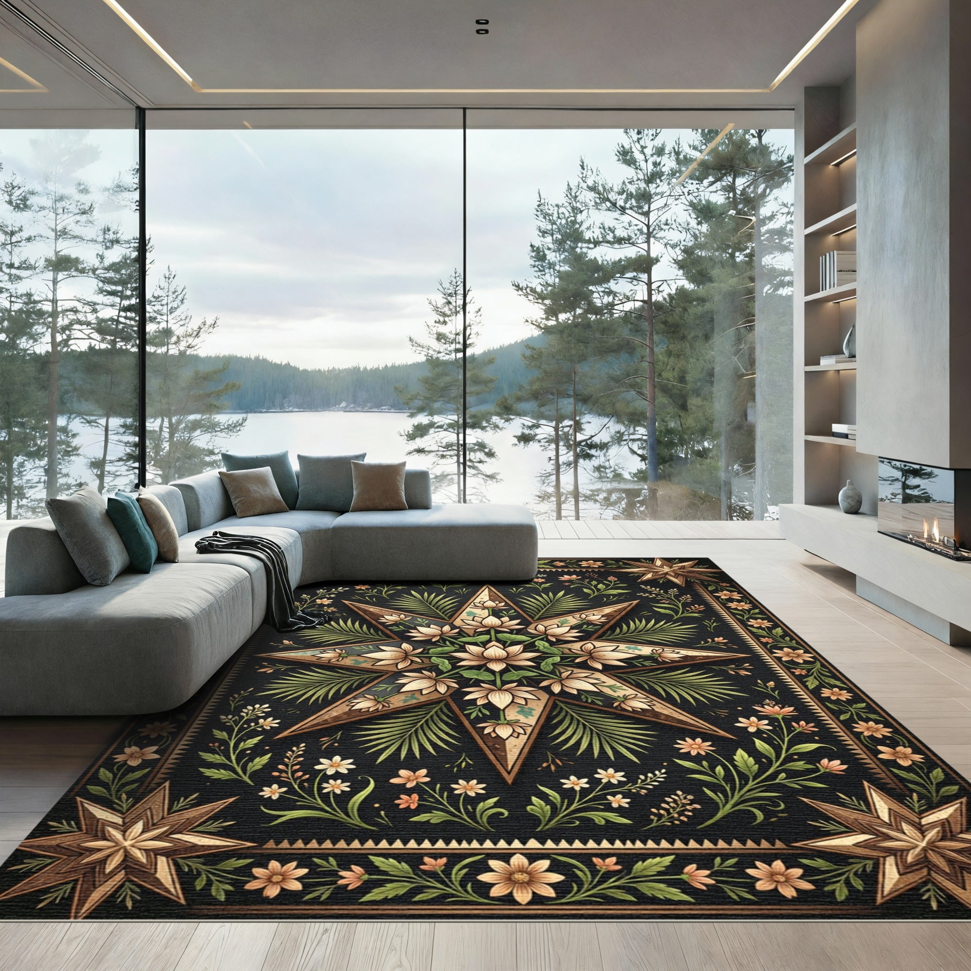 Gilded Lotus Botanical Black Starry Meadow Rug