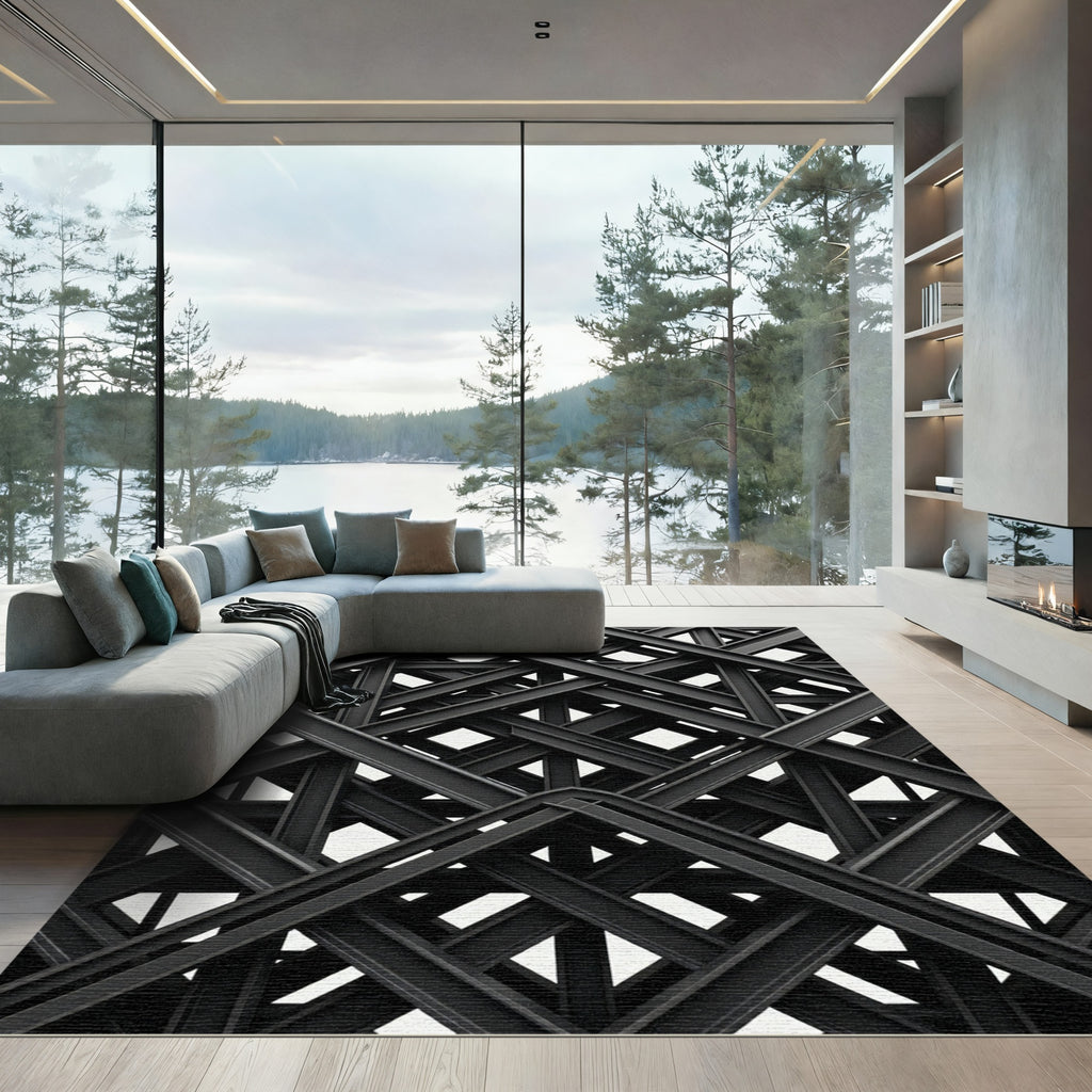 Dark Gray Interlocking Geometric Structure Rug