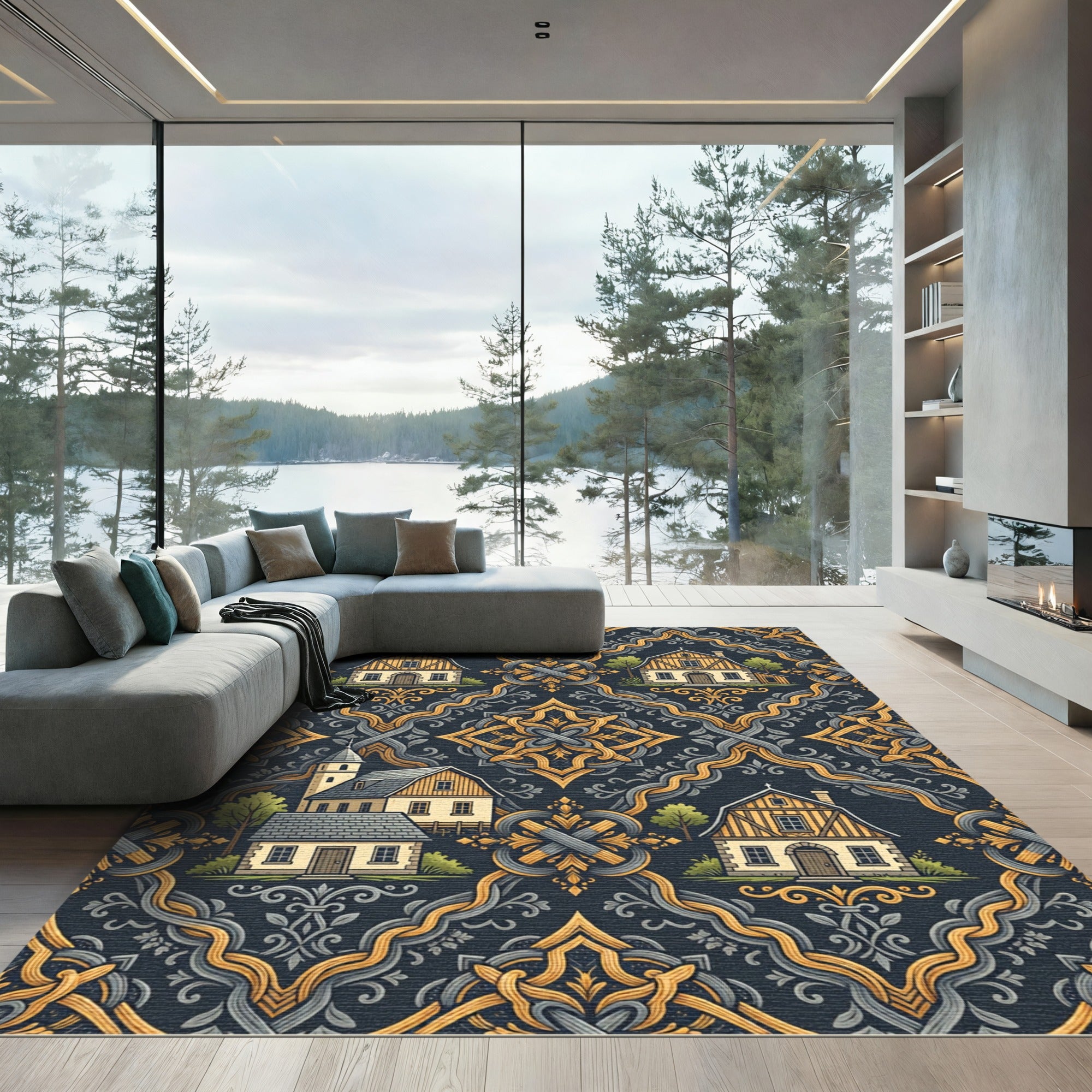Yellow Village Crested Frame Rug