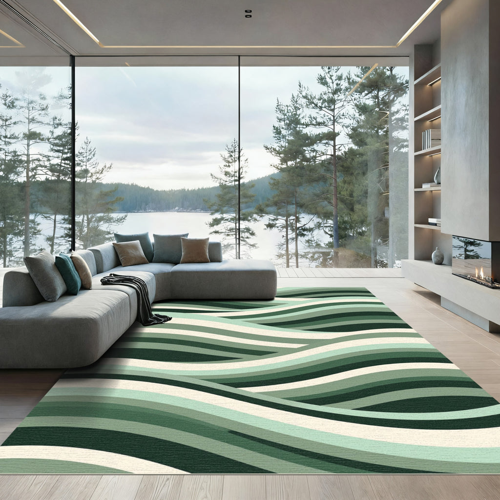 Modern Sage Green Flowing Wave Rug