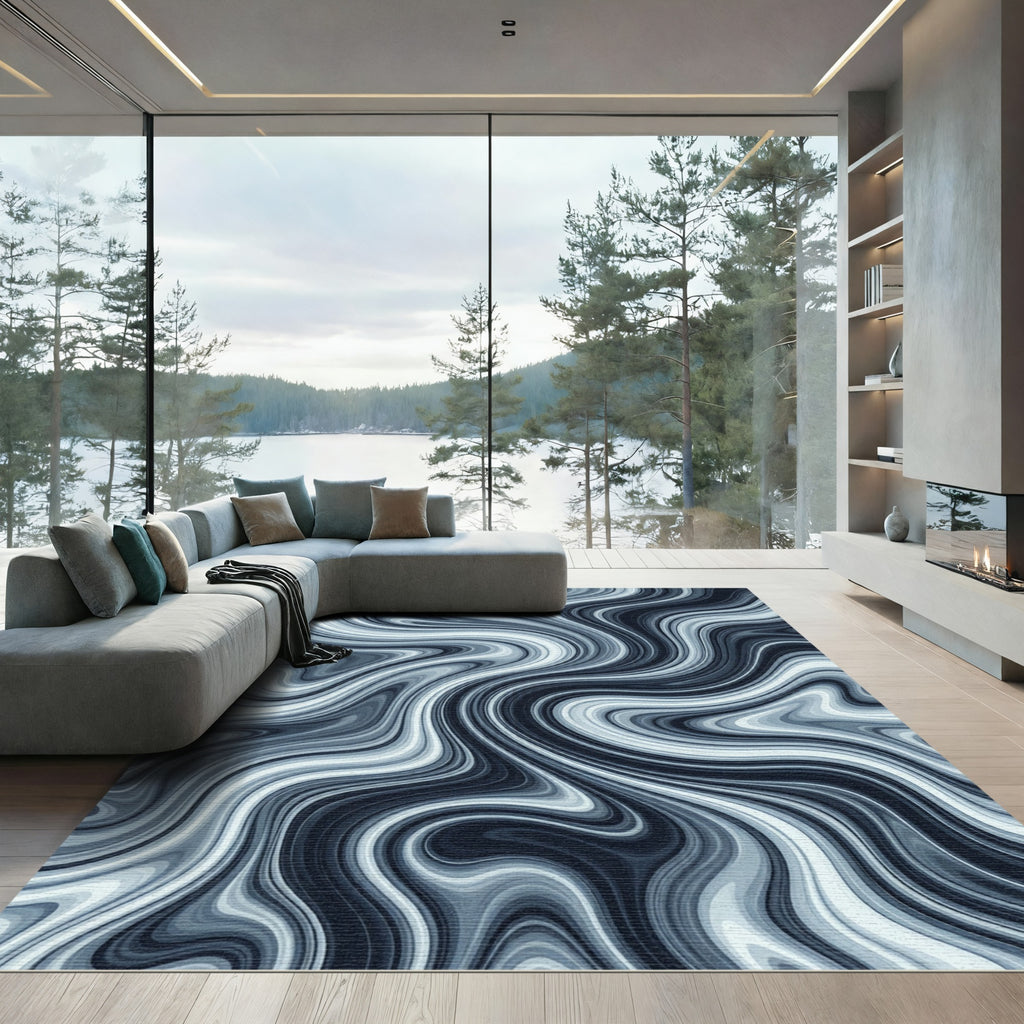 Modern Monochrome Abstract Swirling Marble Rug