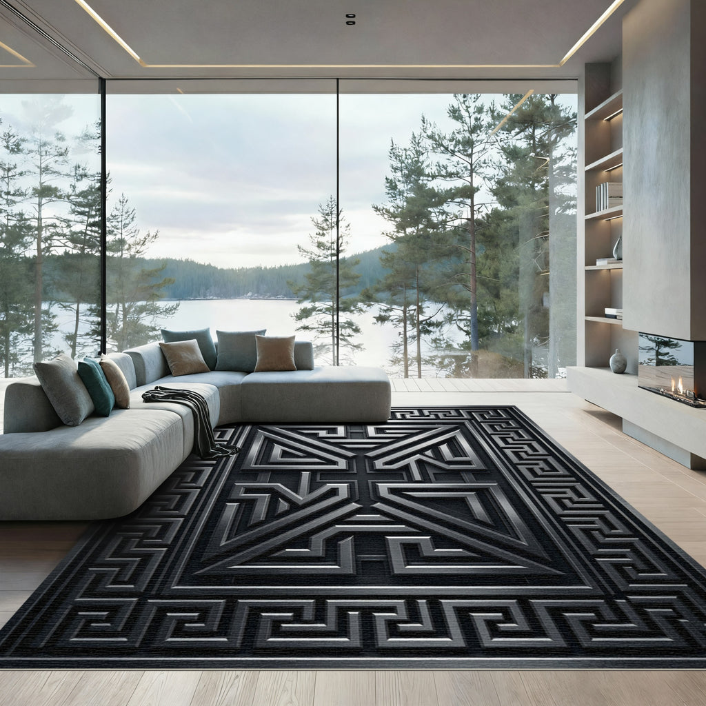 Dark Gray Geometric Maze Relief Rug