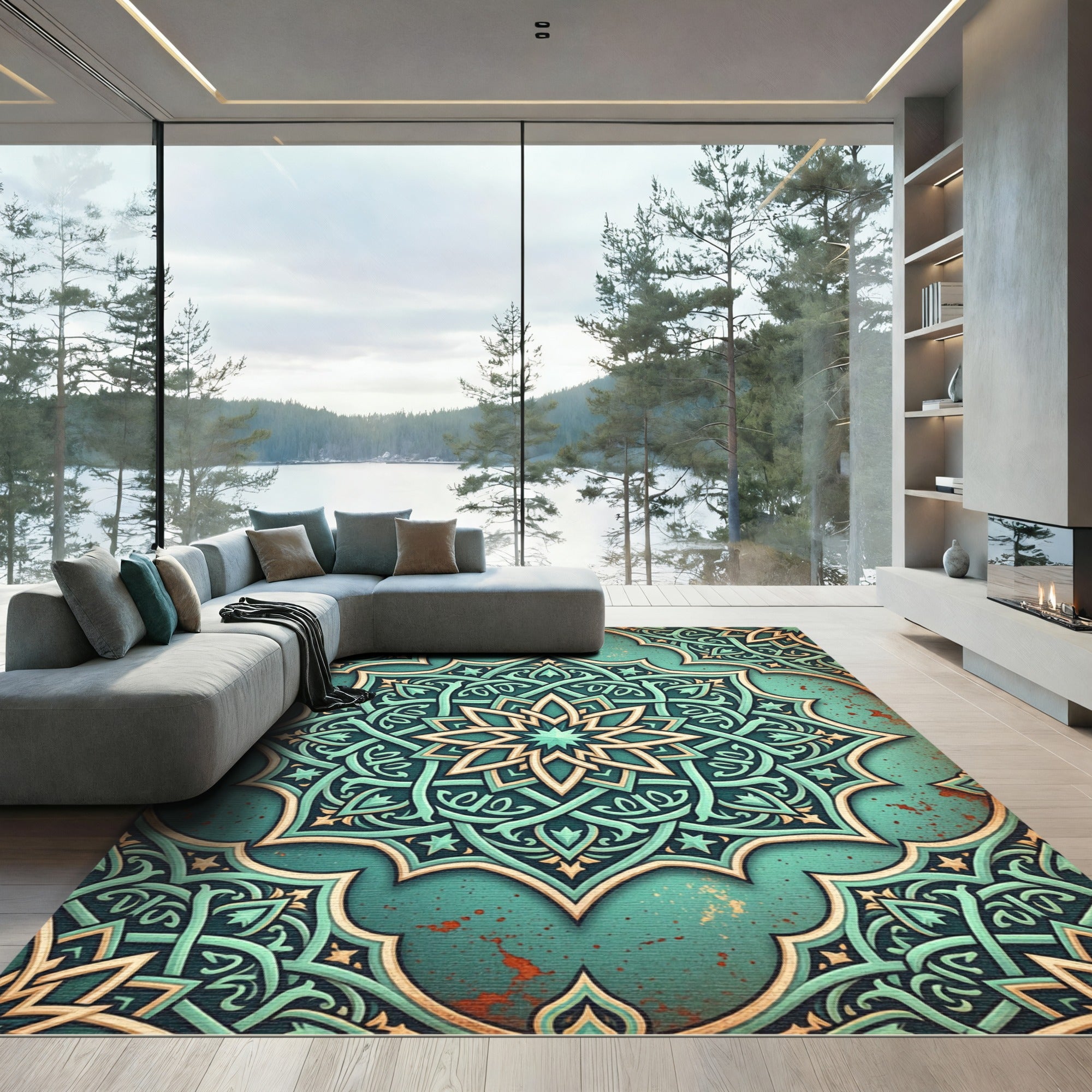 Mint Green Teal Intricate Arabesque Circular Rug