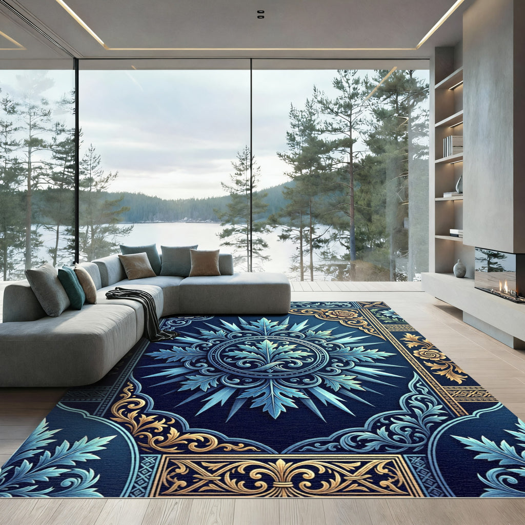 Ornate Blue and Gold Floral Medallion Rug