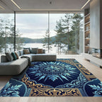 Ornate Blue and Gold Floral Medallion Rug